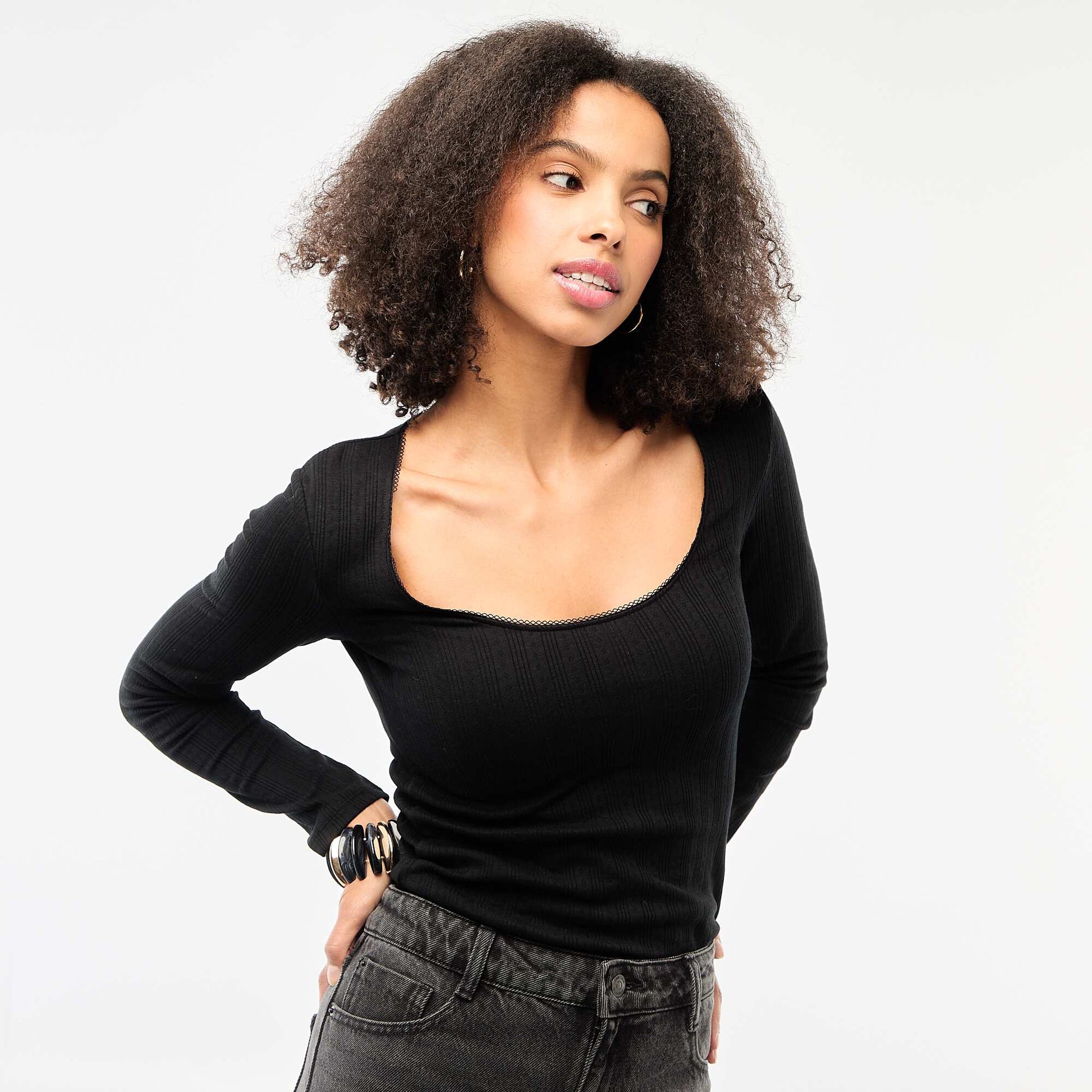 Tee-shirt manches longues pointelle NOIR