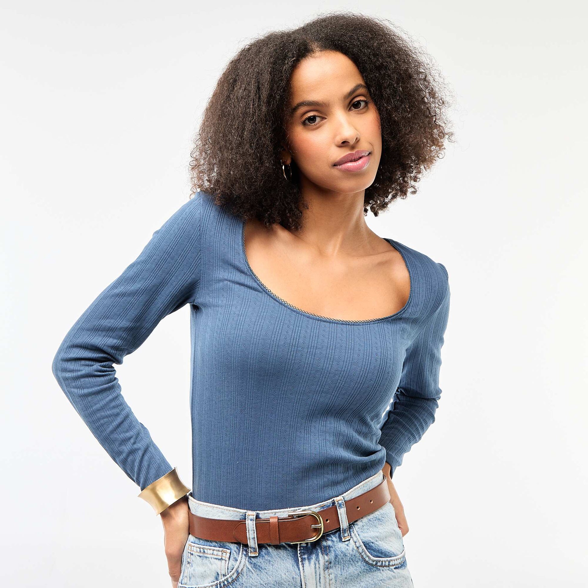 Tee-shirt manches longues pointelle BLEU
