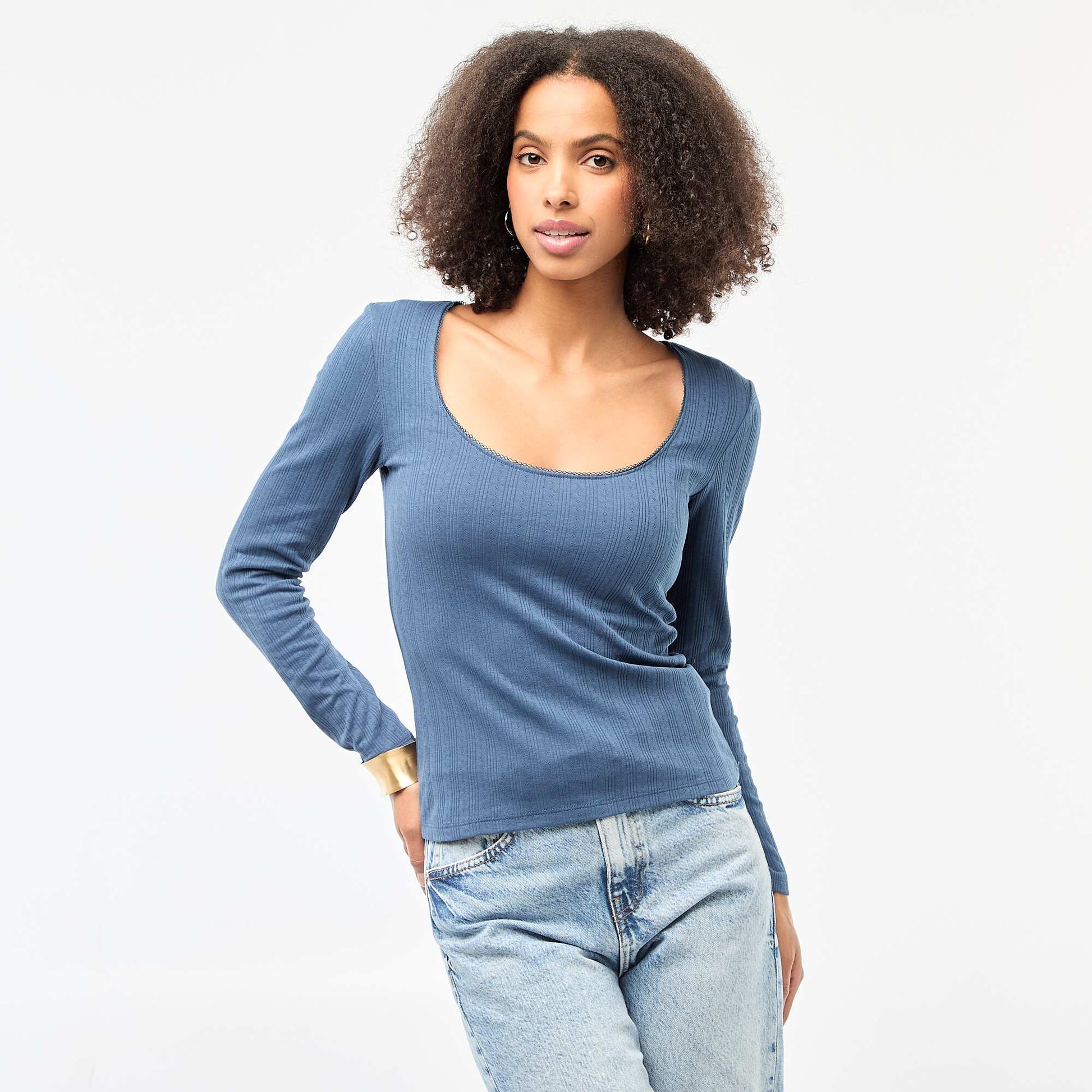 Tee-shirt manches longues pointelle BLEU