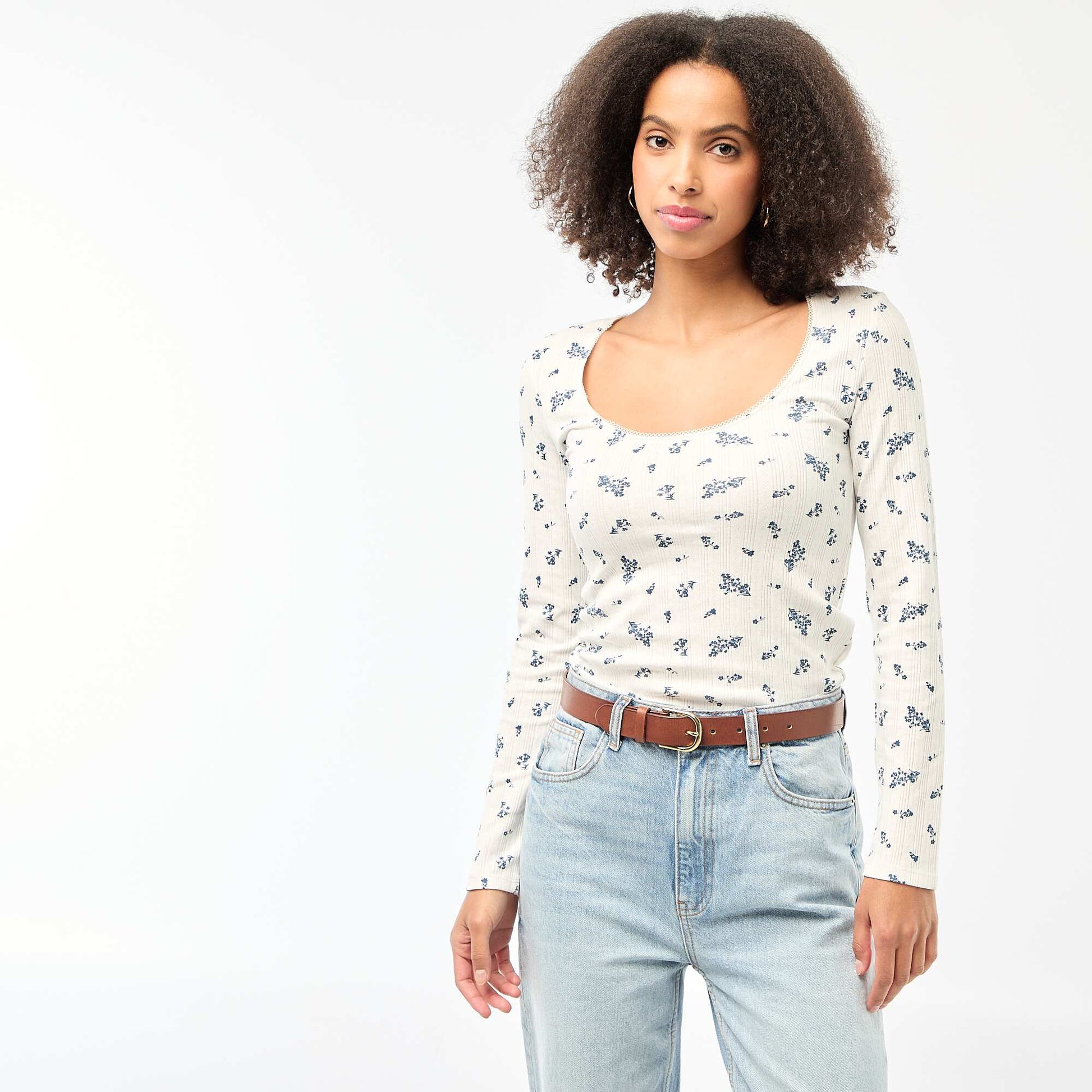 Tee-shirt manches longues pointelle BLANC IMPRIMé