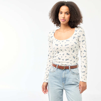 Tee-shirt manches longues pointelle BLANC IMPRIMé