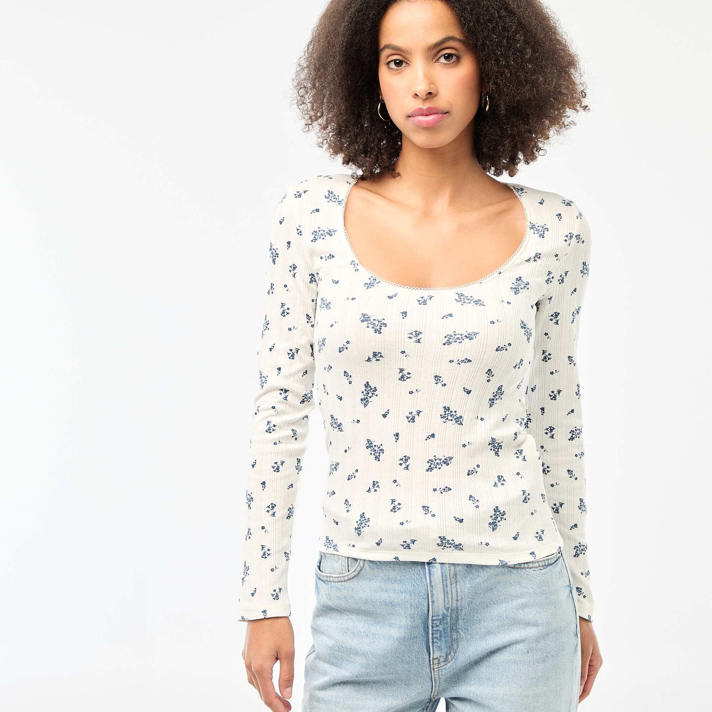 Tee-shirt manches longues pointelle BLANC IMPRIMé