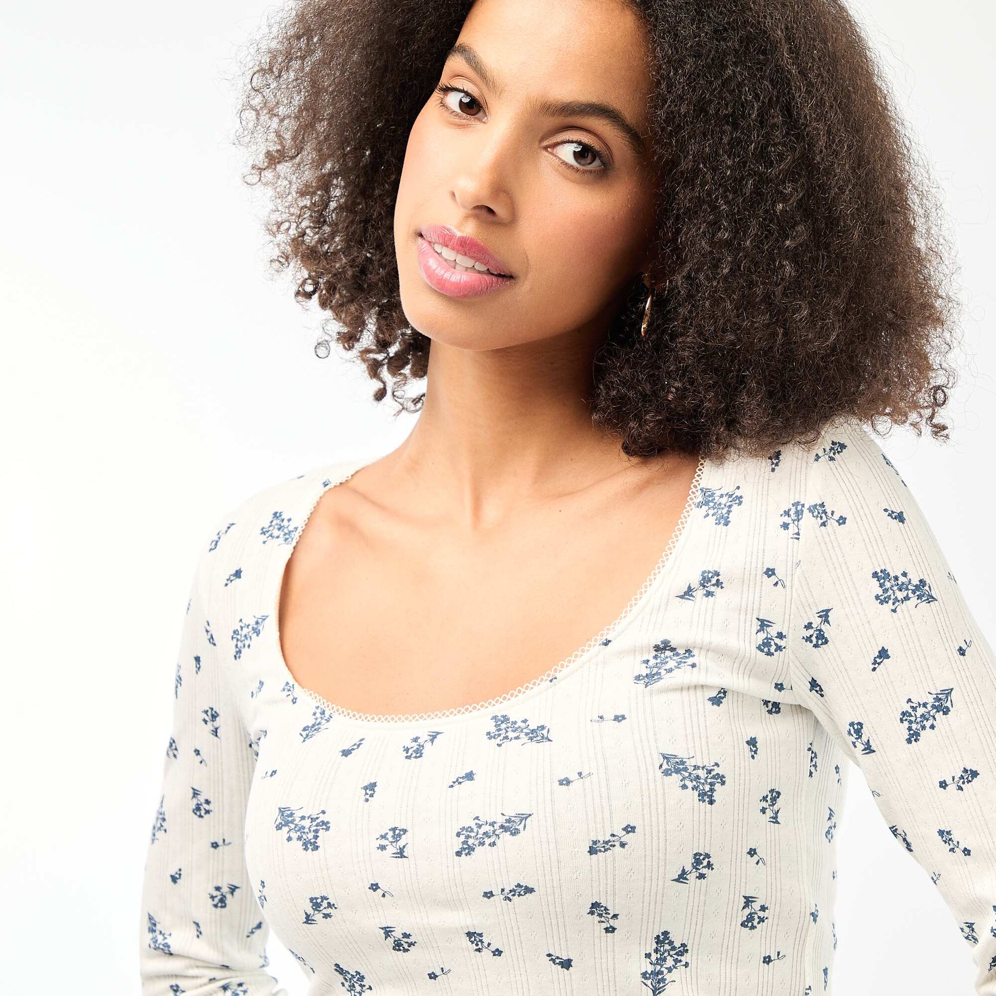 Tee-shirt manches longues pointelle BLANC IMPRIMé