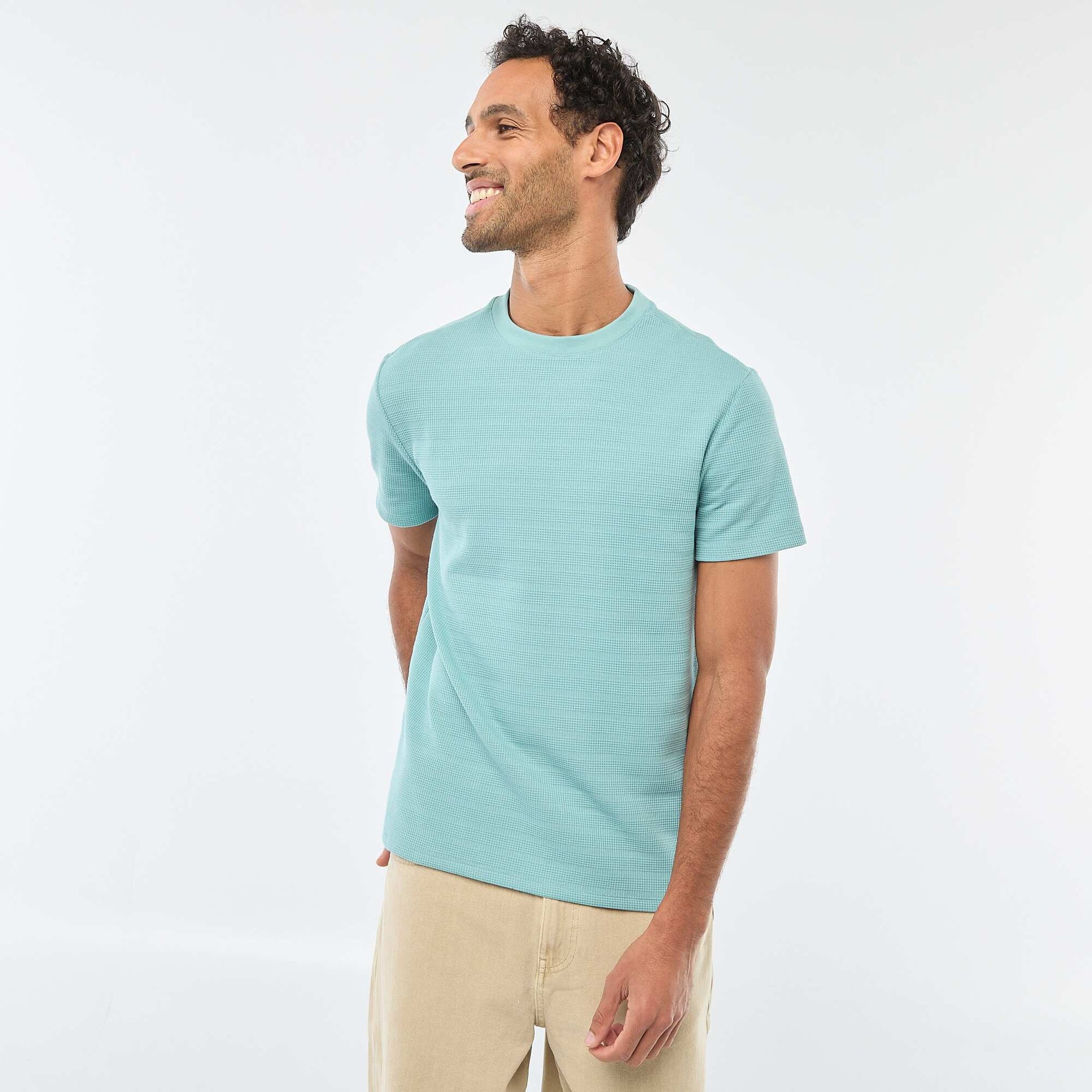 T-shirt manches courtes en maille gaufrée BLEU