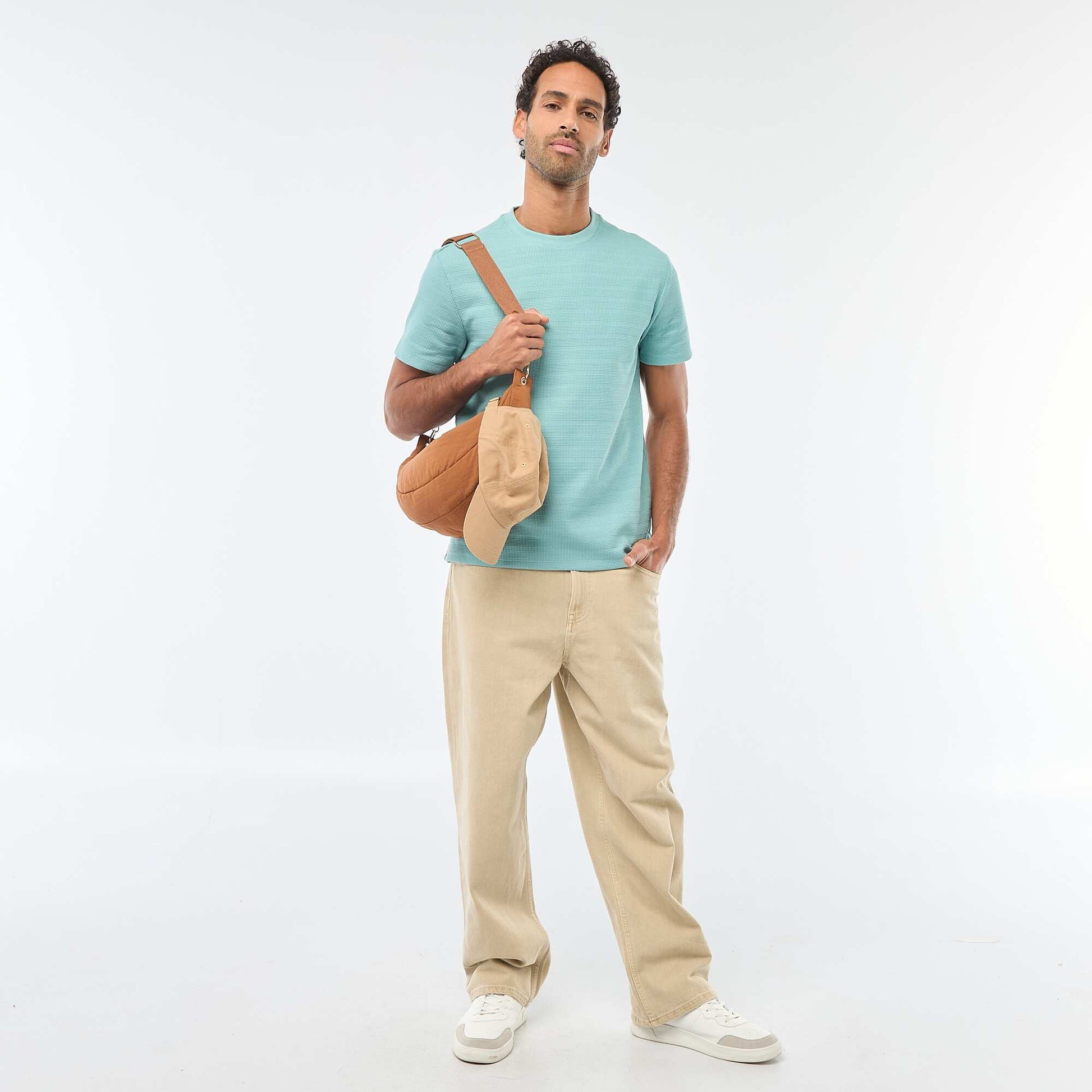 T-shirt manches courtes en maille gaufrée BLEU