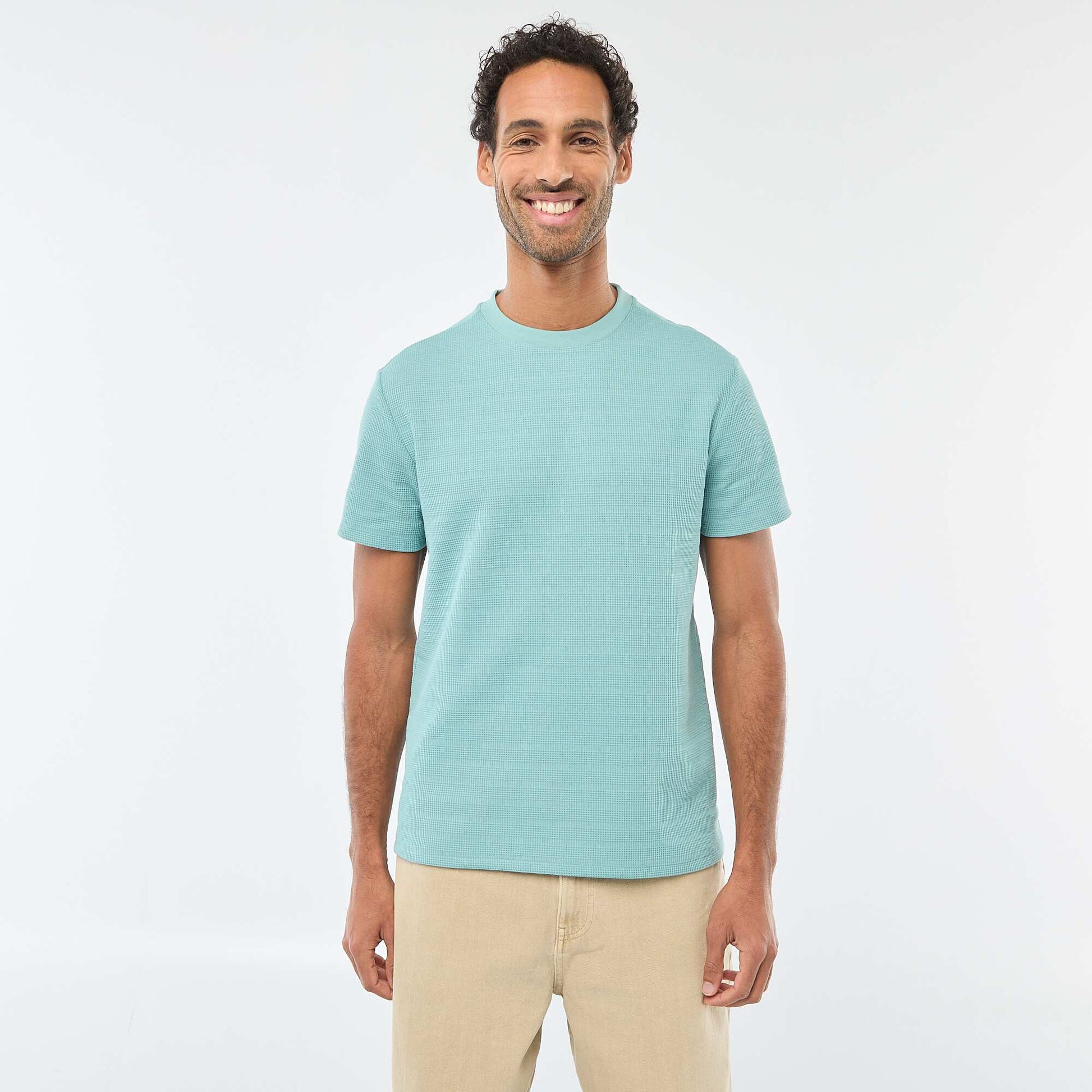 T-shirt manches courtes en maille gaufrée BLEU