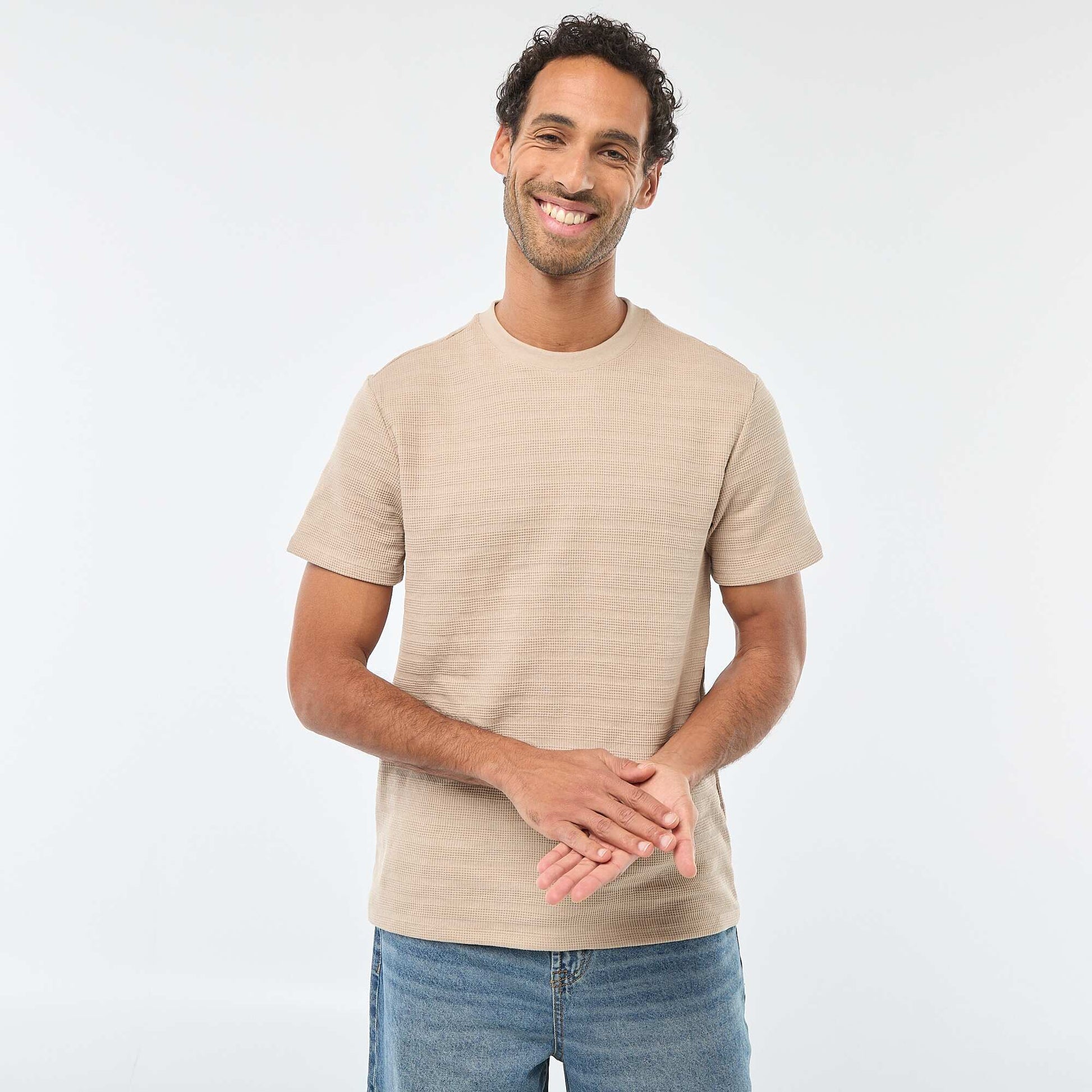 T-shirt manches courtes en maille gaufrée BEIGE