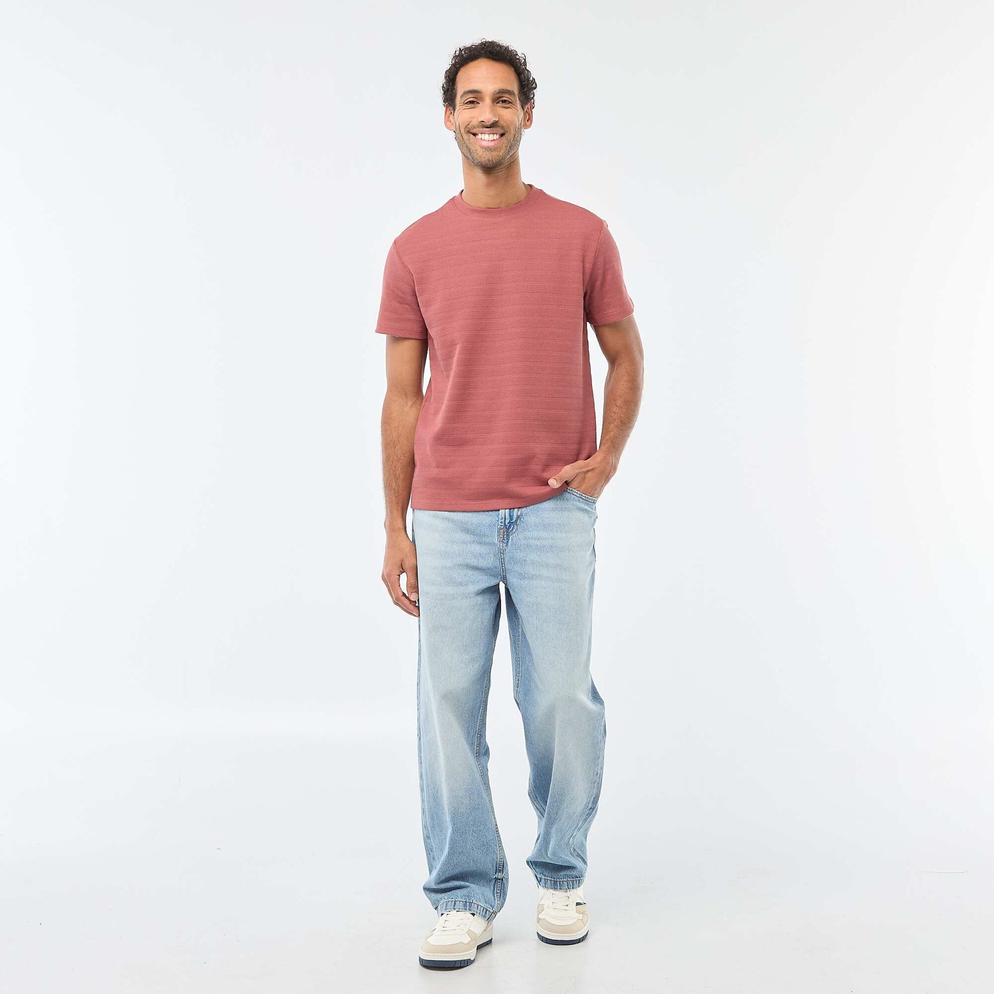 T-shirt manches courtes en maille gaufrée ROUGE