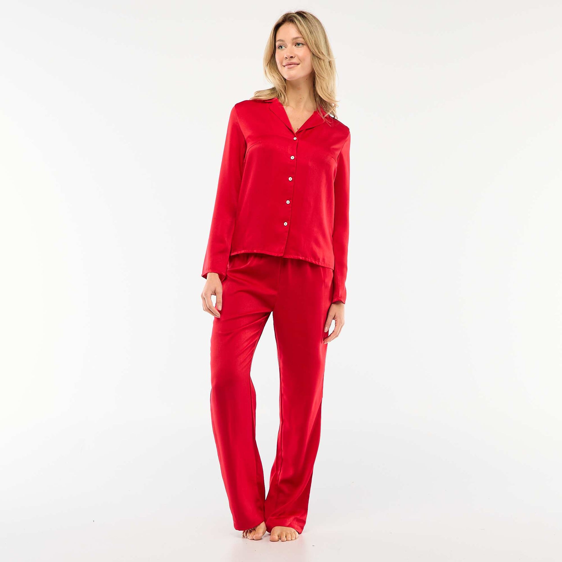 Pyjama 2 pièces effet satiné - chemise + pantalon ROUGE
