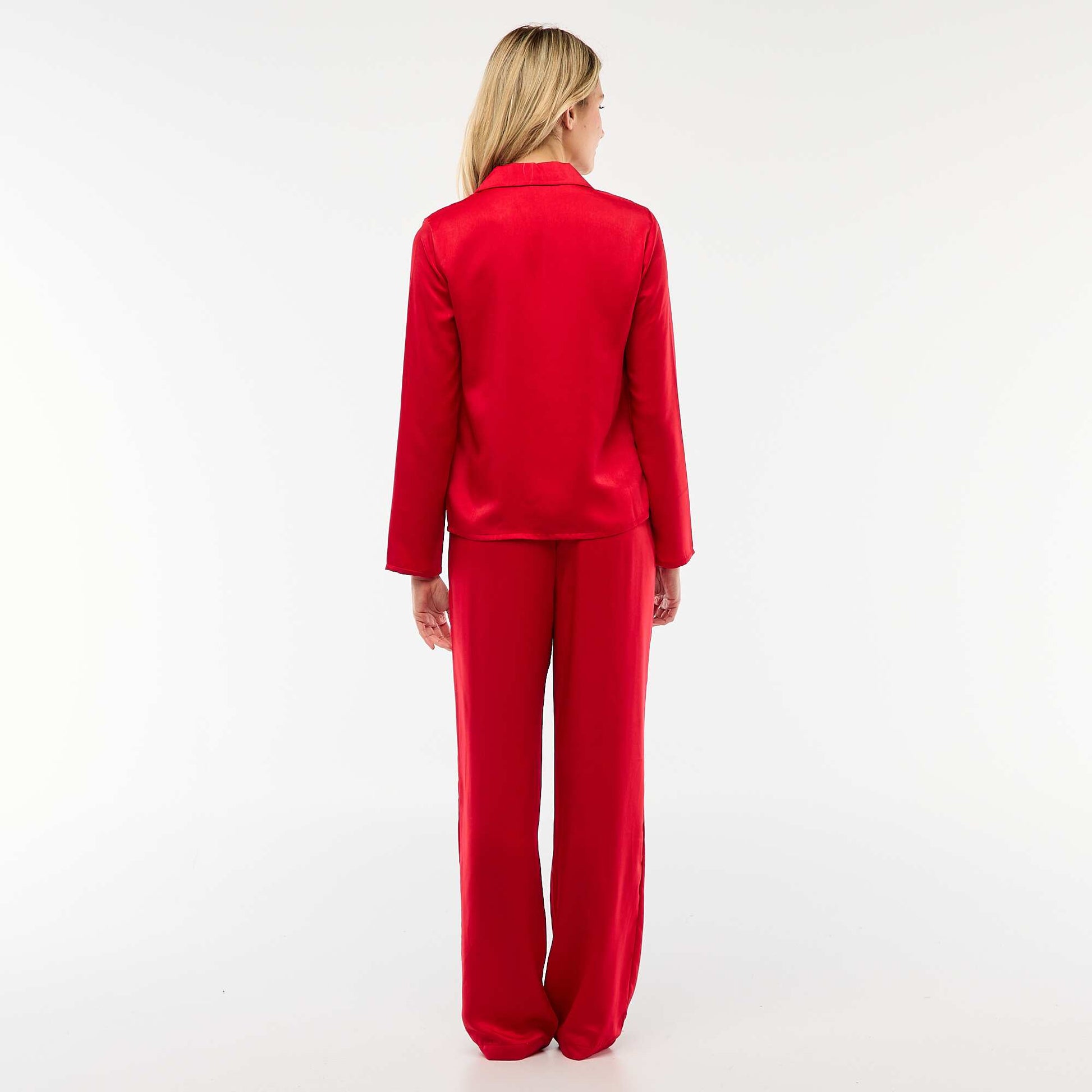 Pyjama 2 pièces effet satiné - chemise + pantalon ROUGE