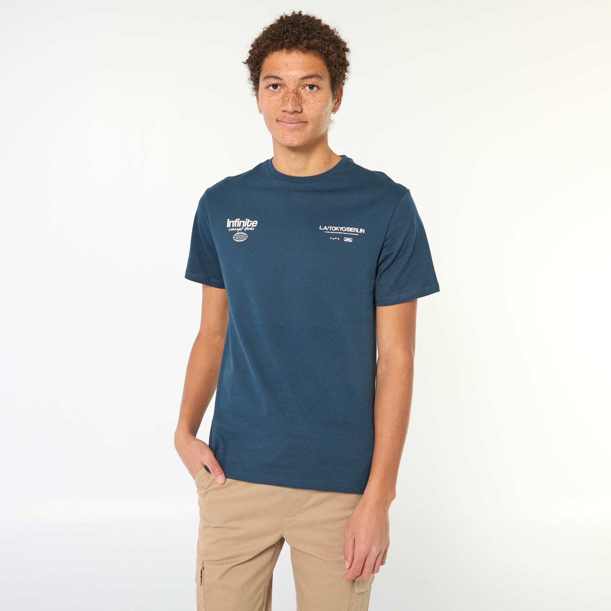 T-shirt imprimé en coton uni BLEU