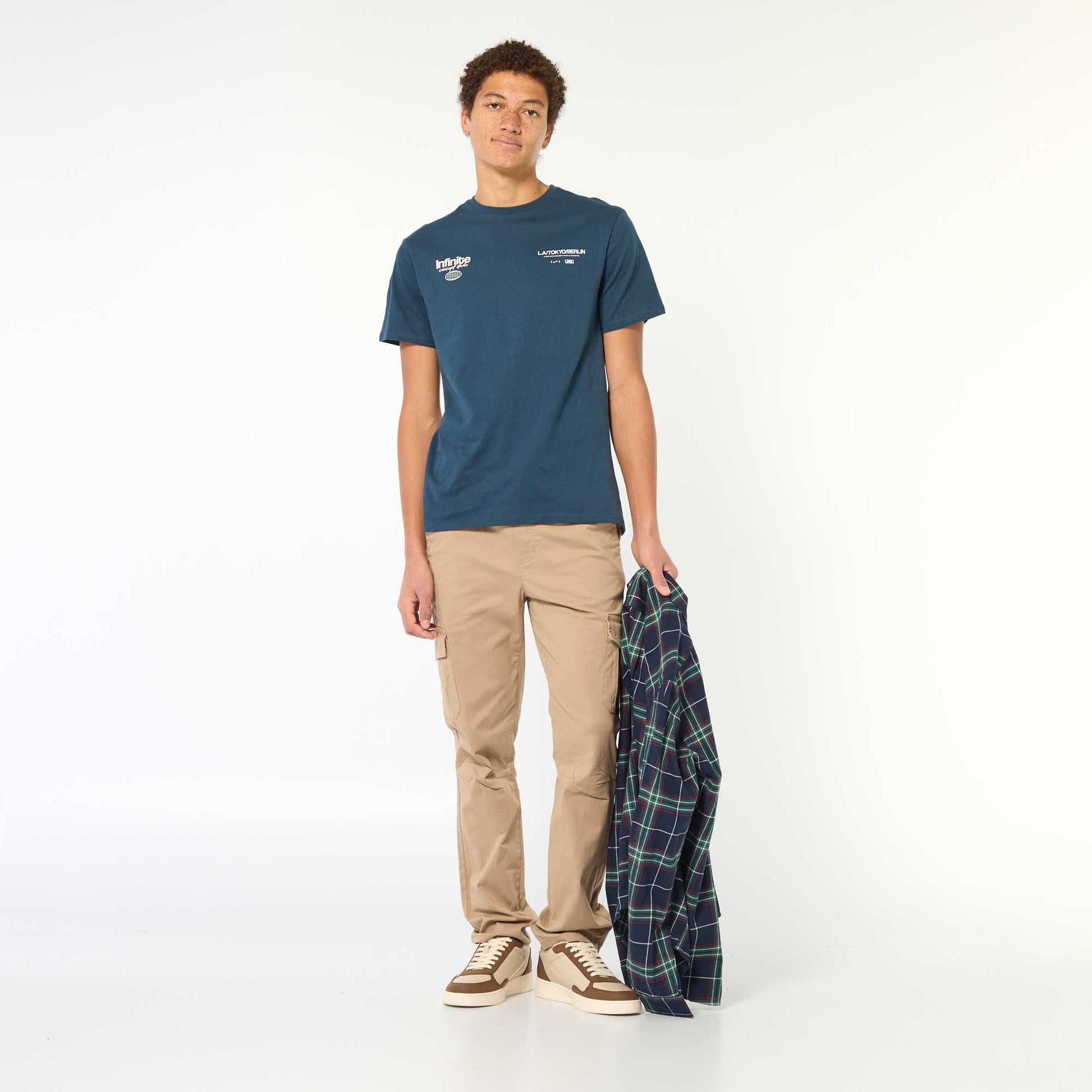 T-shirt imprimé en coton uni BLEU