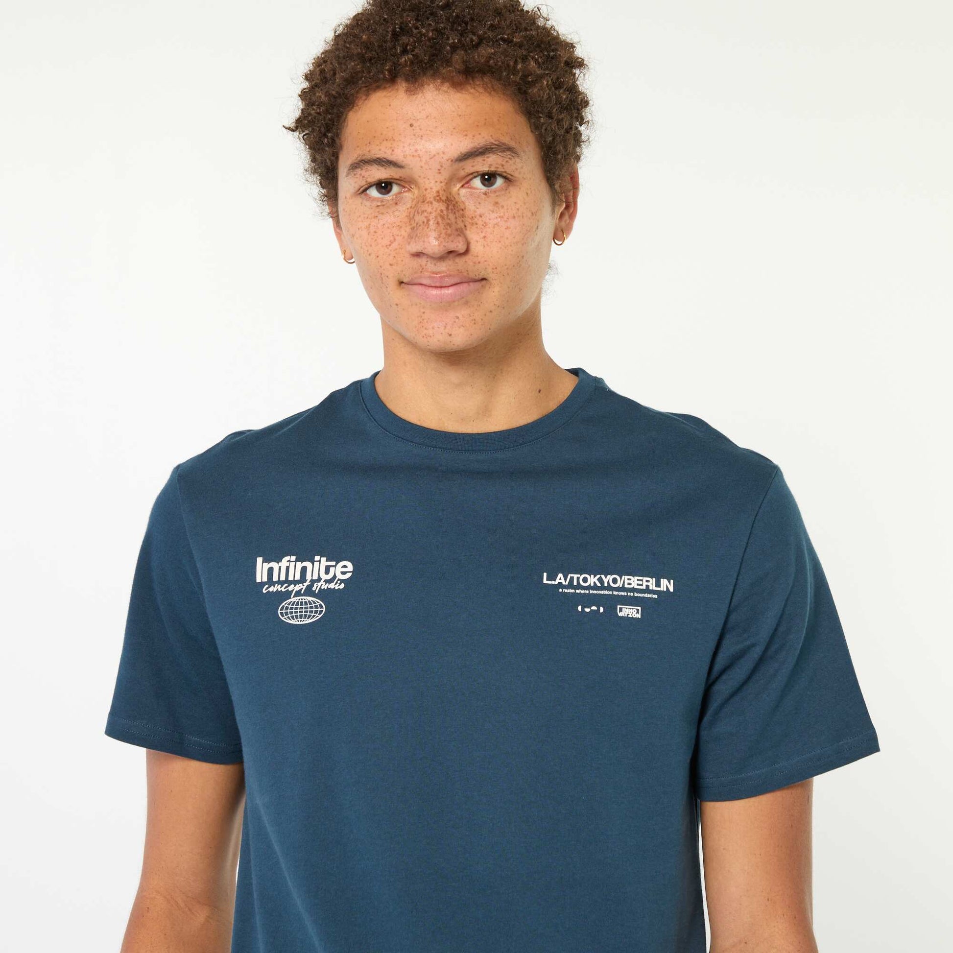 T-shirt imprimé en coton uni BLEU