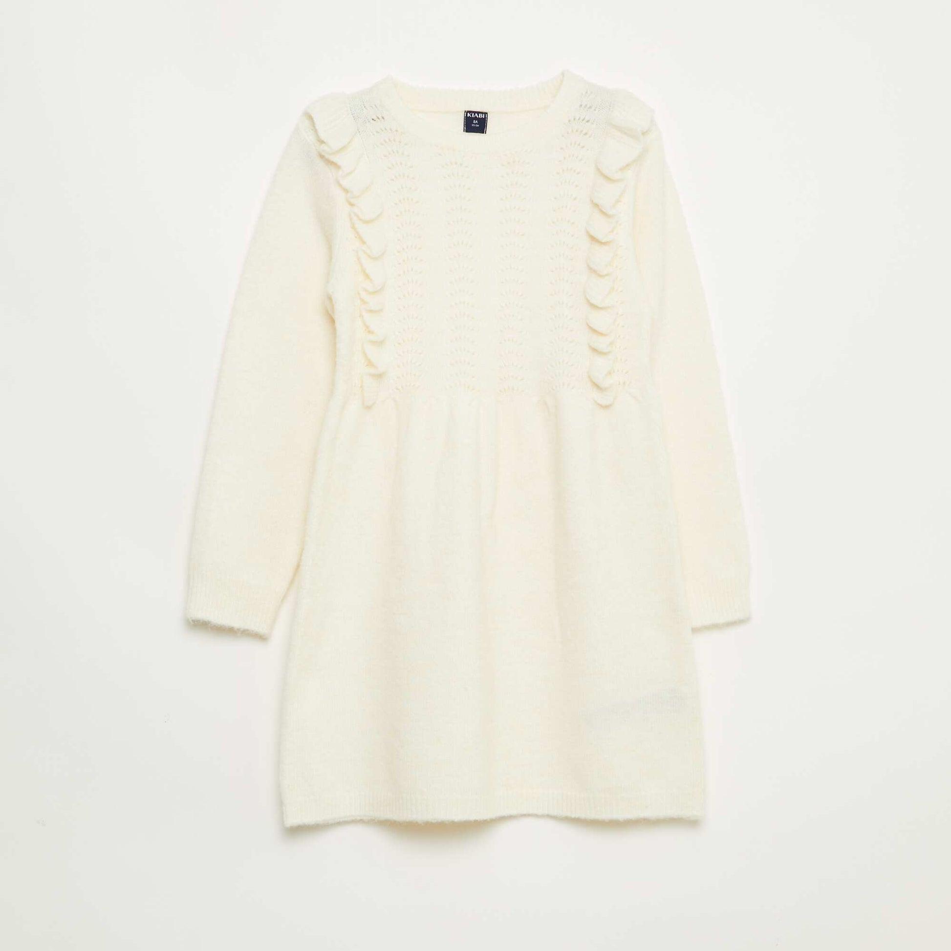 Robe pull avec maille ajourée et volants BLANC