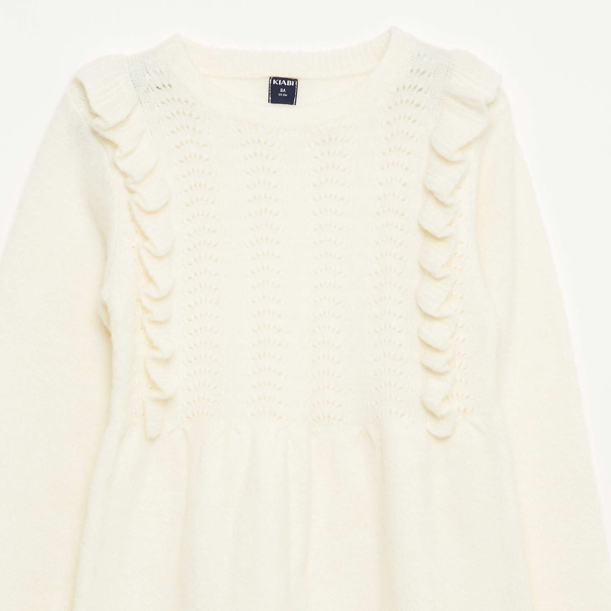 Robe pull avec maille ajourée et volants BLANC