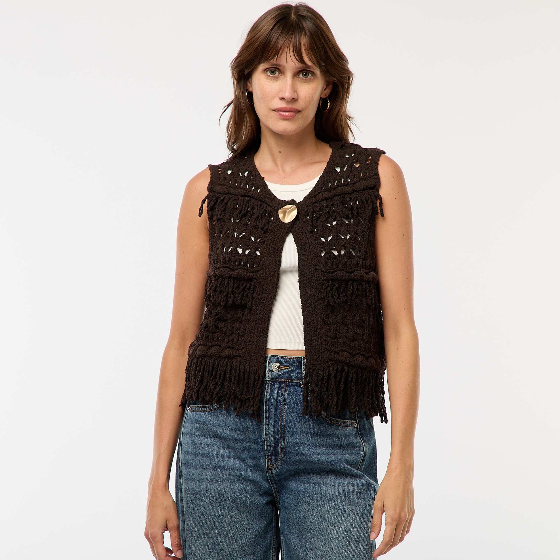 Gilet sans manches à franges MARRON