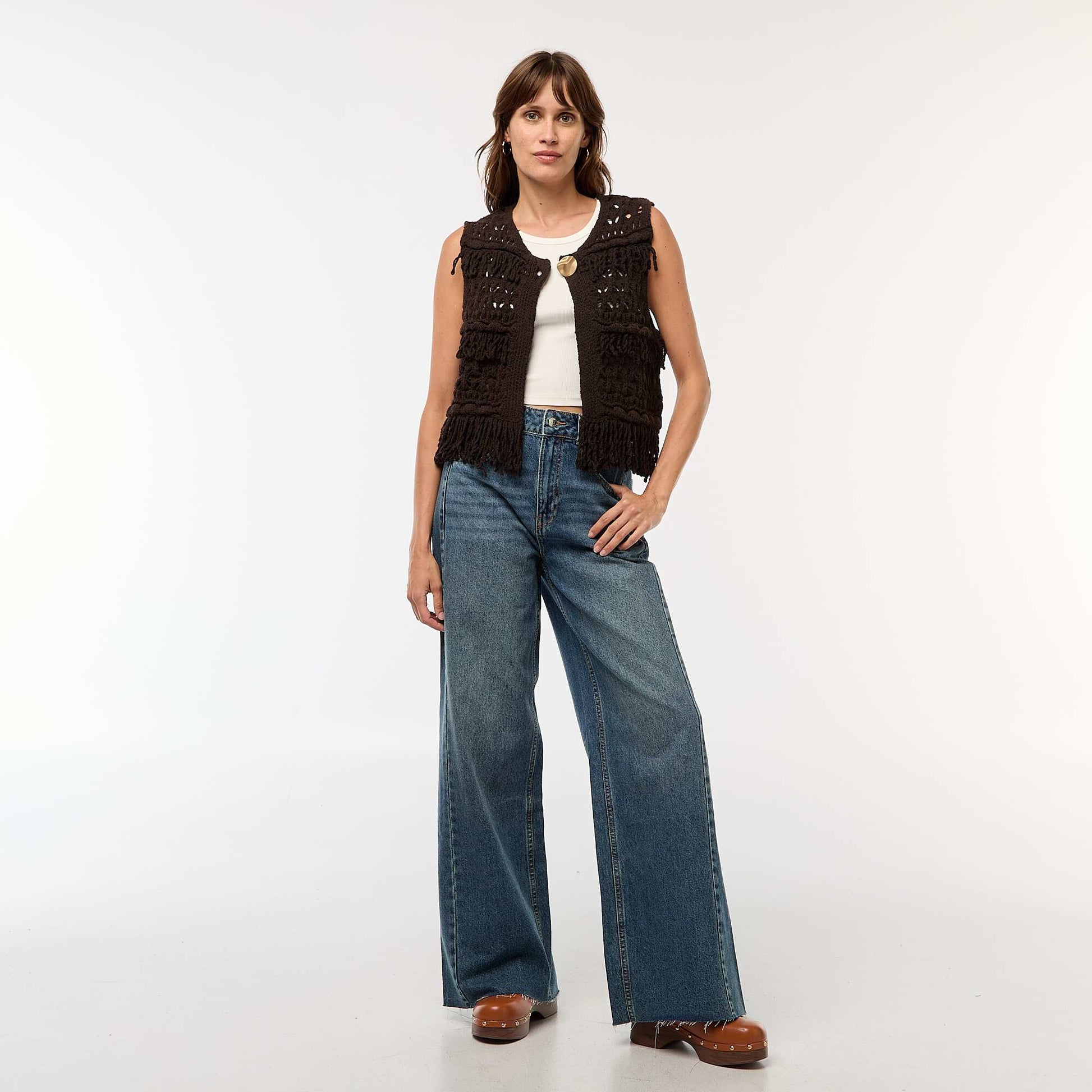 Gilet sans manches à franges MARRON