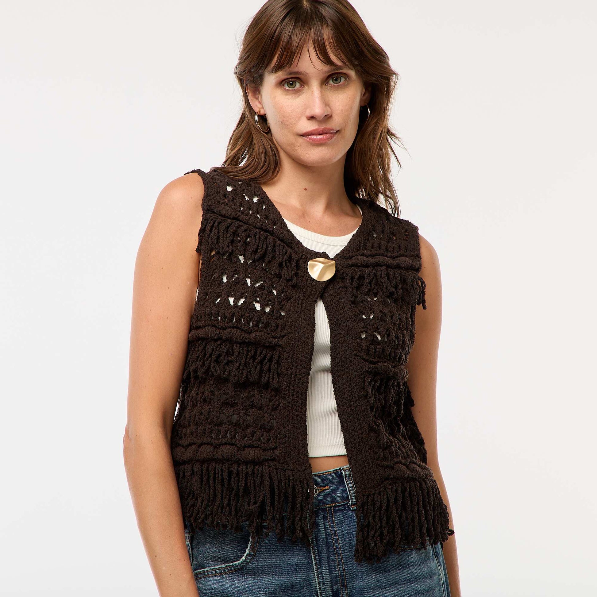 Gilet sans manches à franges MARRON
