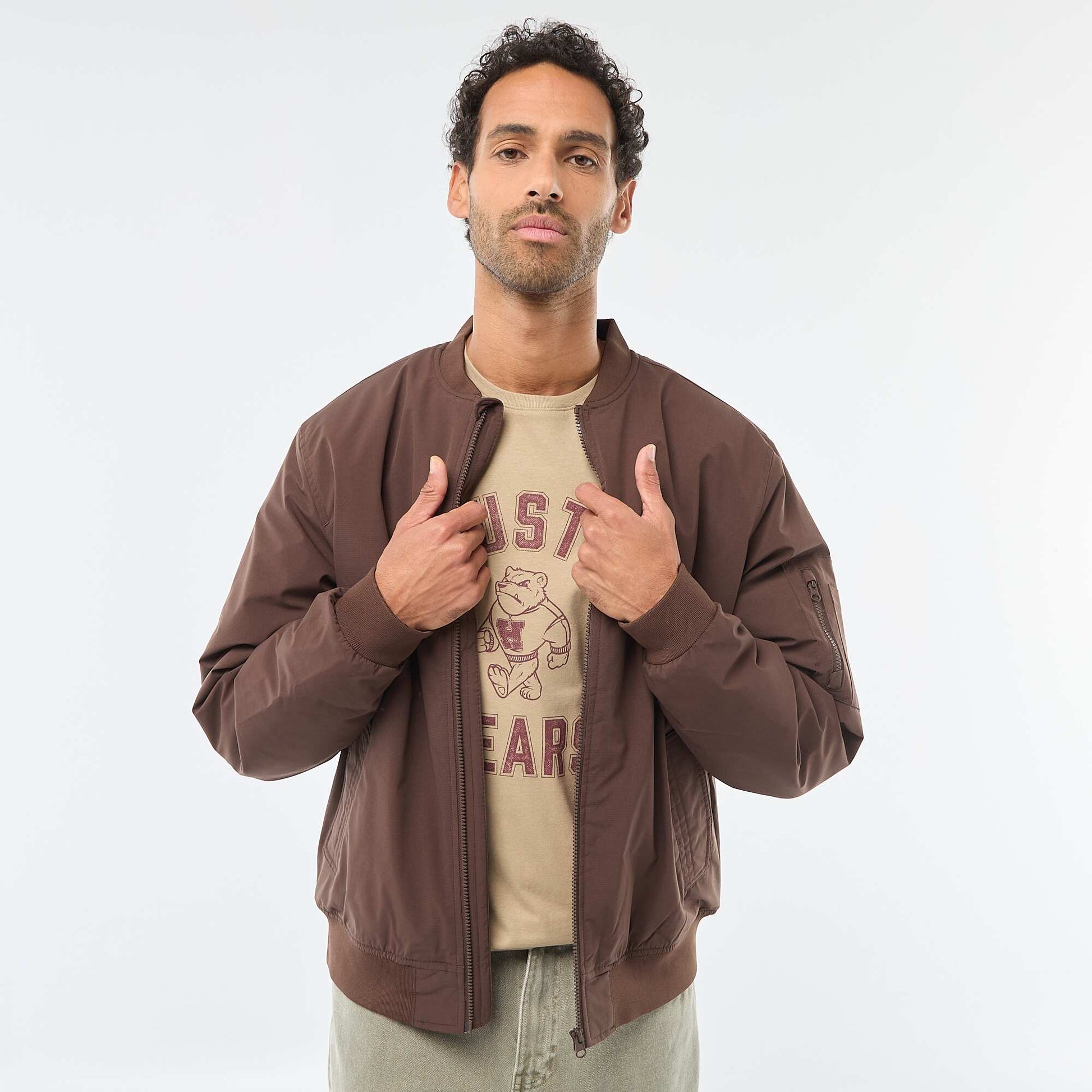 Blouson style aviateur avec poche zippée sur la manche MARRON