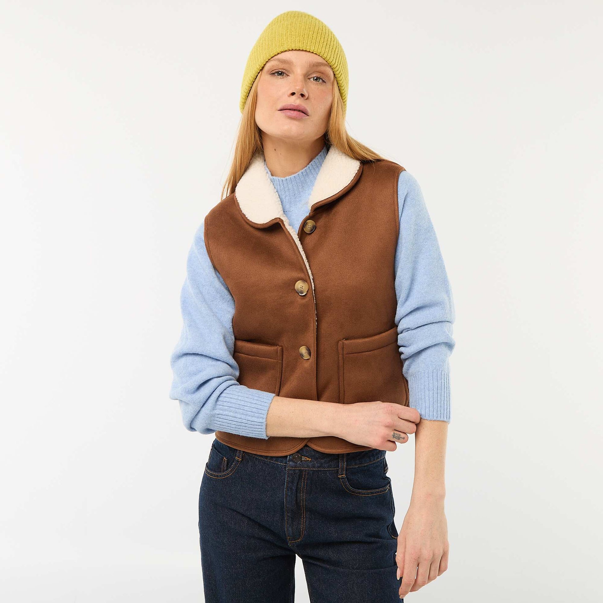 Veste courte sherpa sans manches MARRON