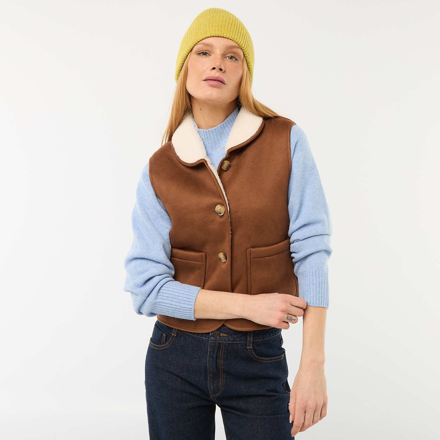 Veste courte sherpa sans manches MARRON