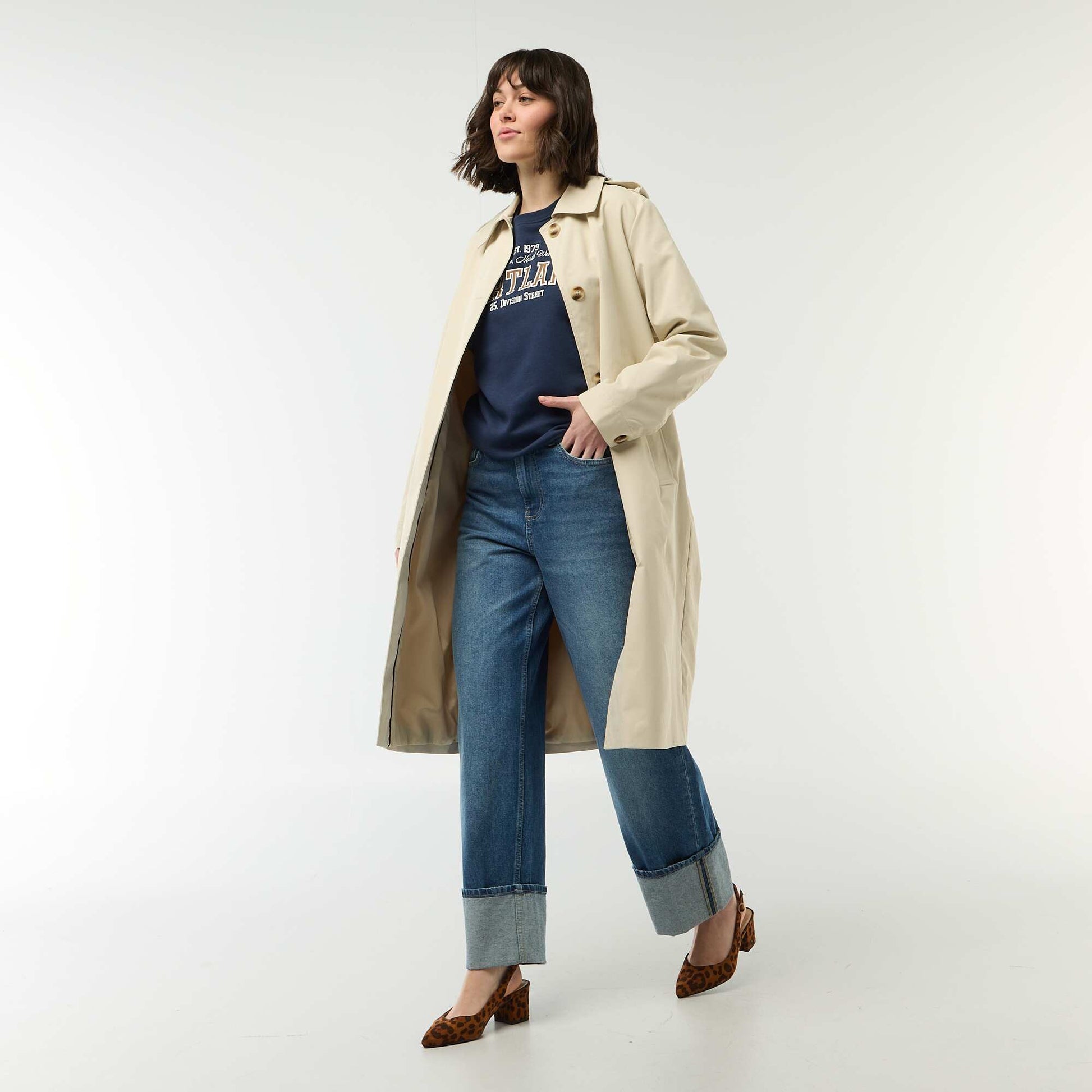 Trench mi-long à col chemiser BEIGE