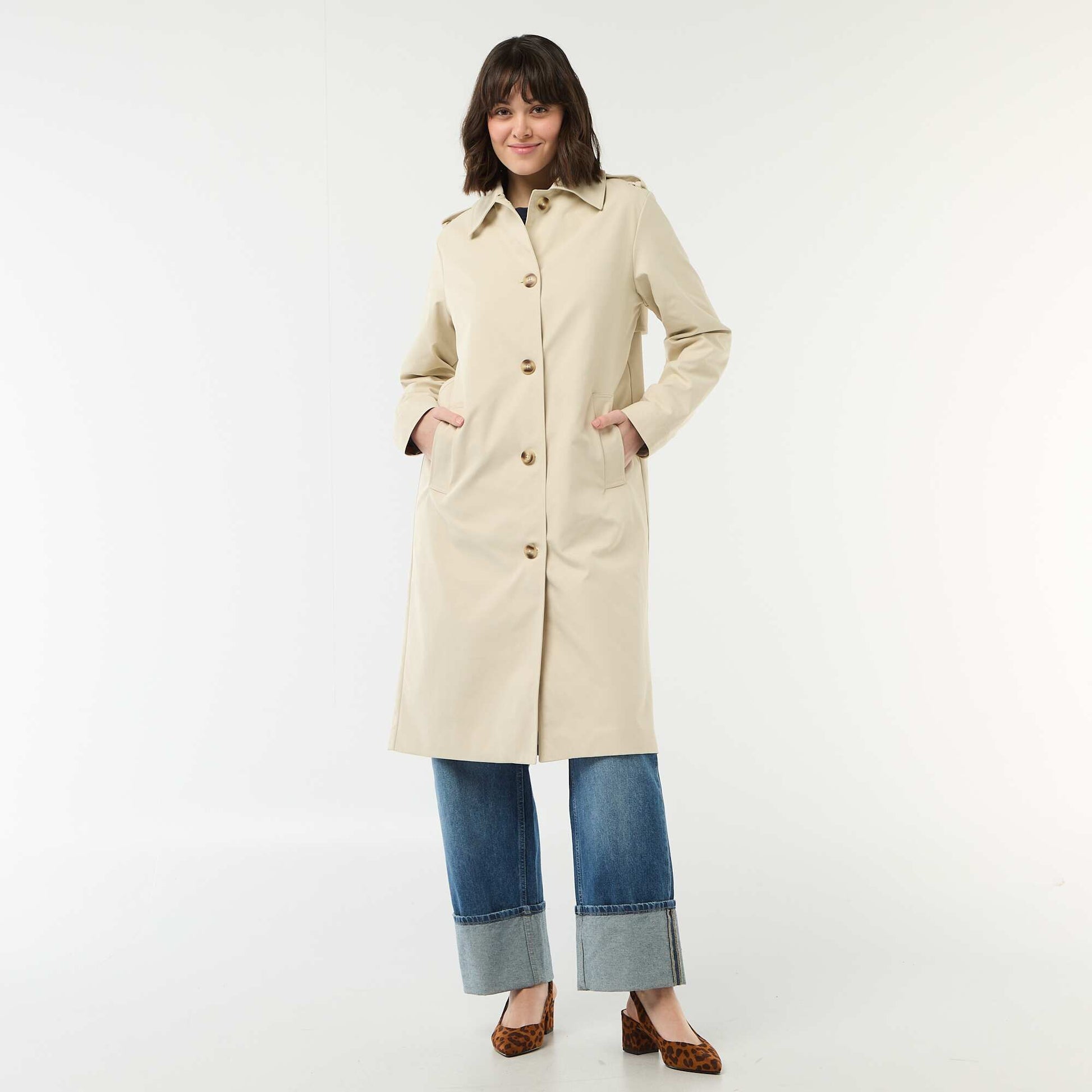 Trench mi-long à col chemiser BEIGE