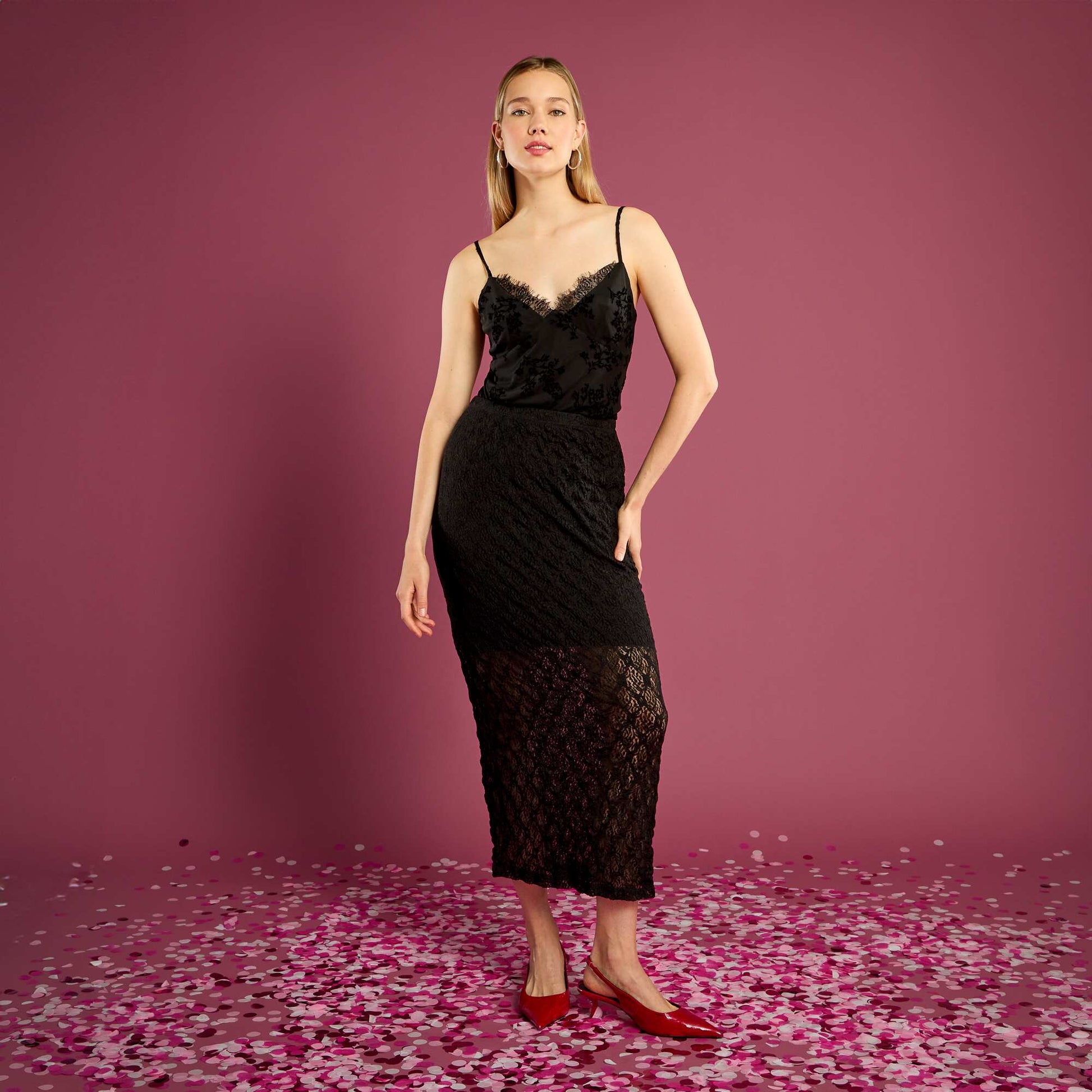 Top en tulle à motif fleuri NOIR