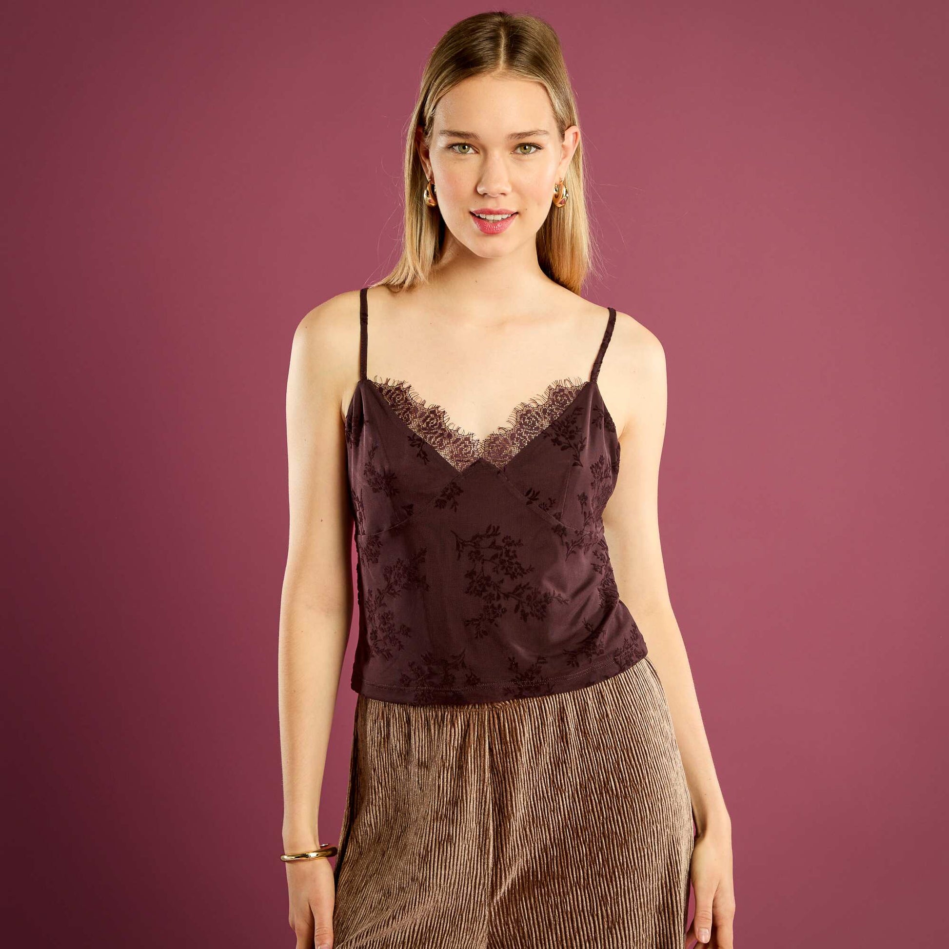 Top en tulle à motif fleuri ROUGE