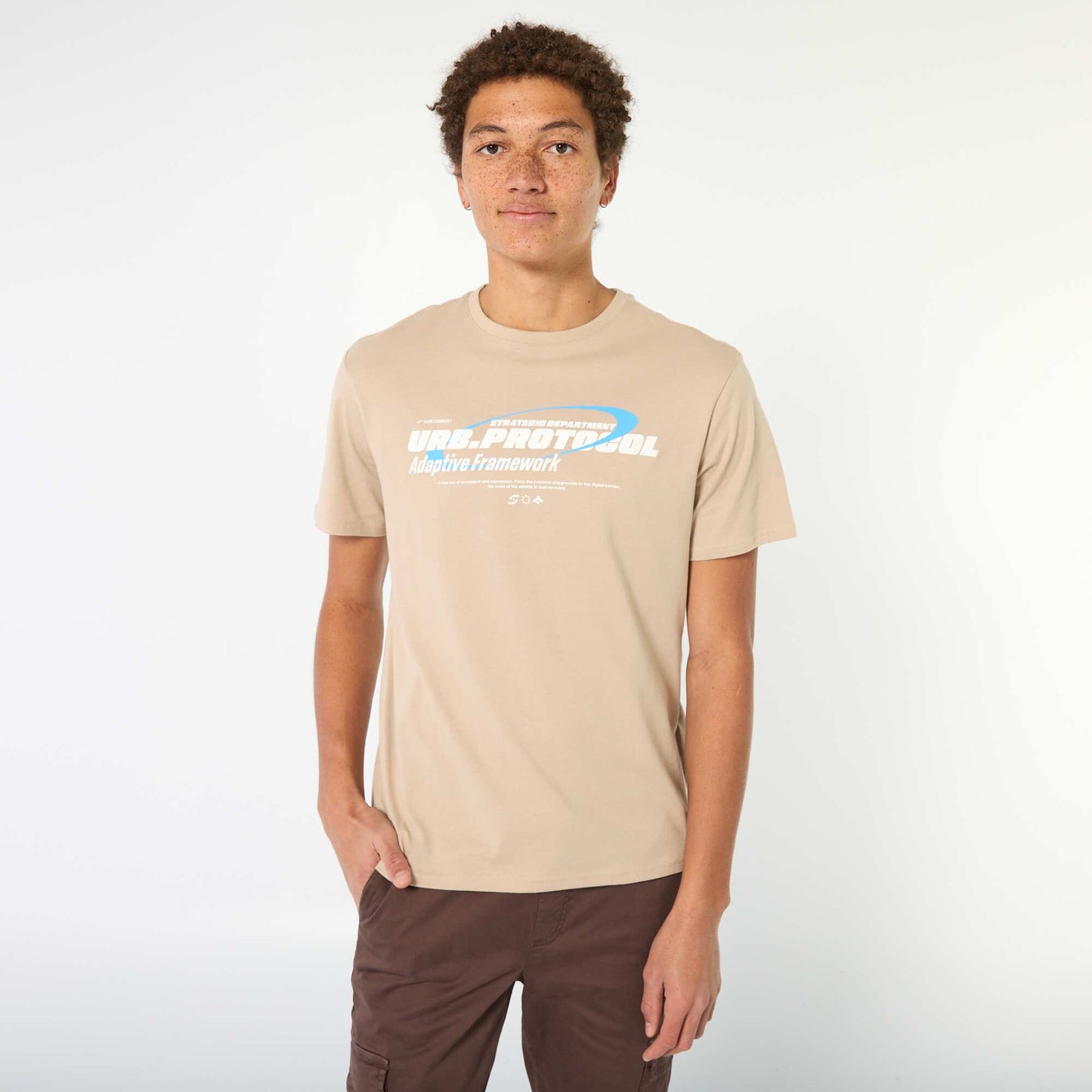 Tee-shirt en coton imprimé à manches courtes BEIGE