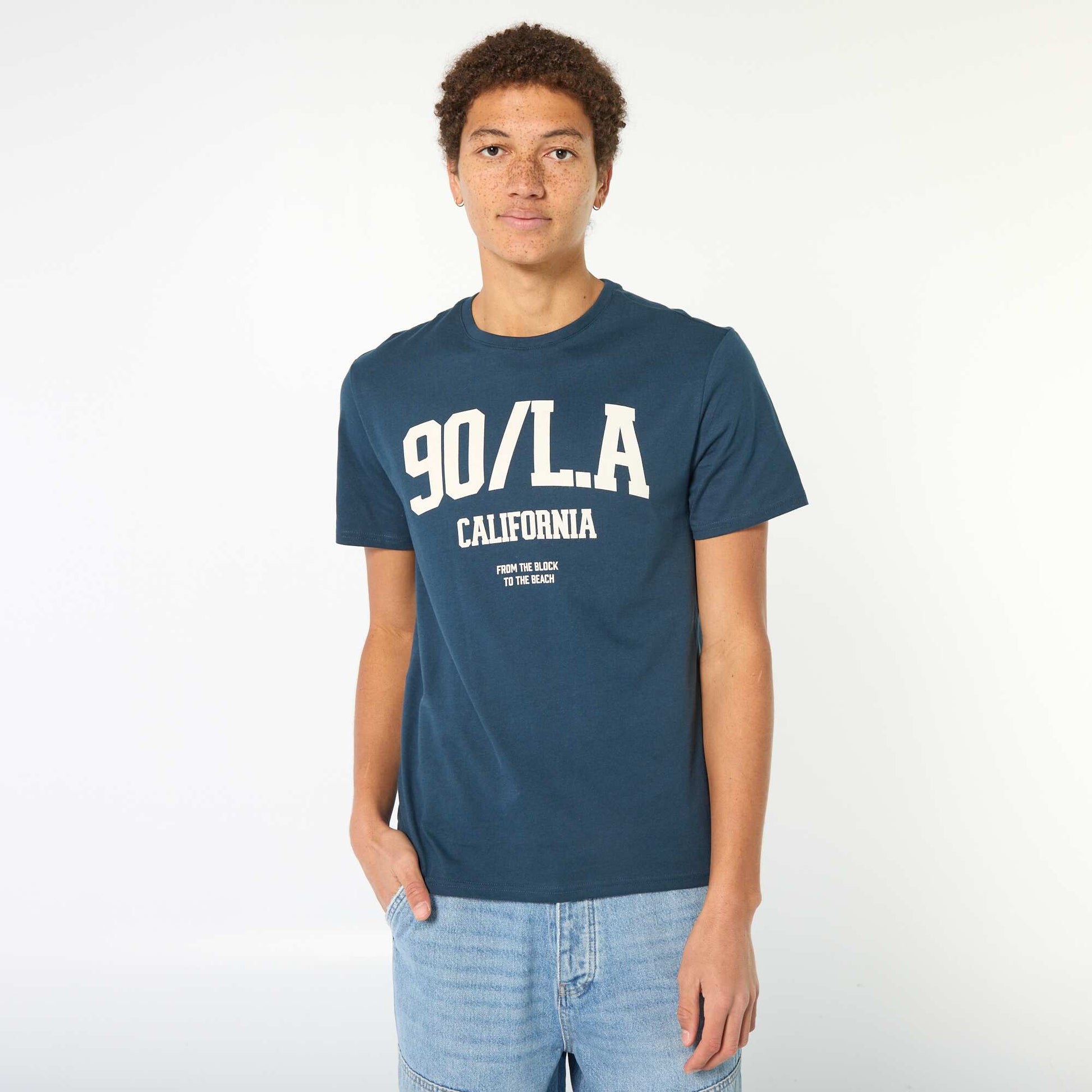 Tee-shirt en coton imprimé à manches courtes BLEU