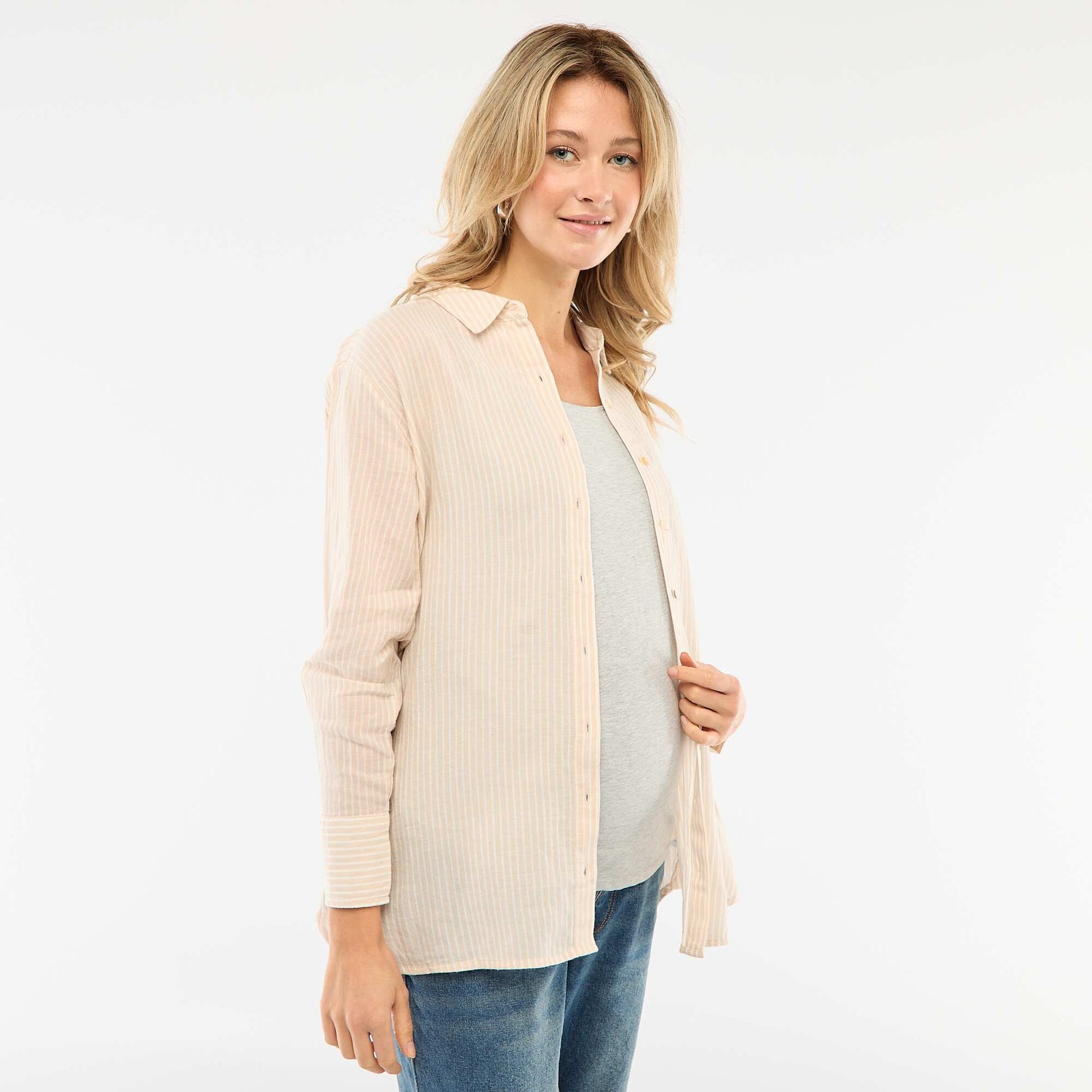 Chemise grossesse en coton rayée BEIGE
