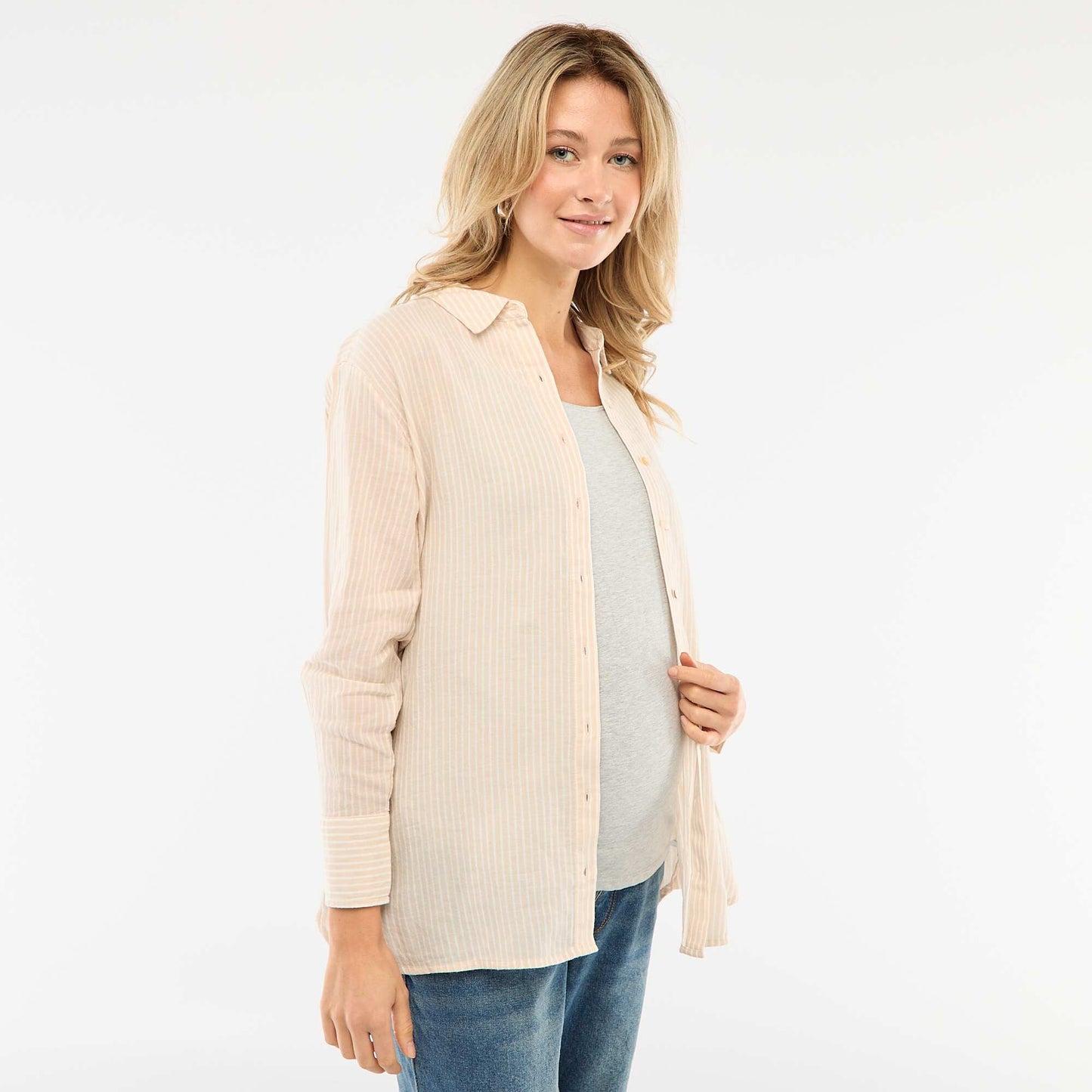 Chemise grossesse en coton rayée BEIGE