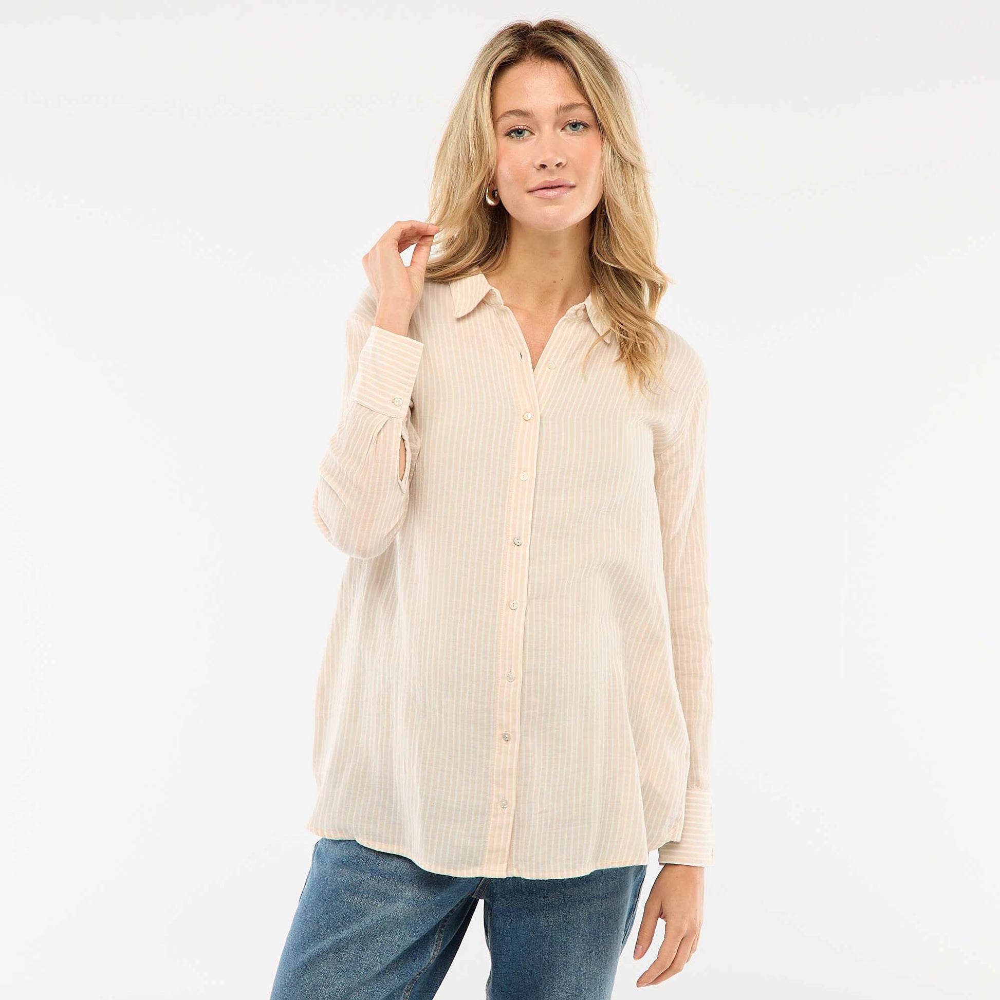 Chemise grossesse en coton rayée BEIGE