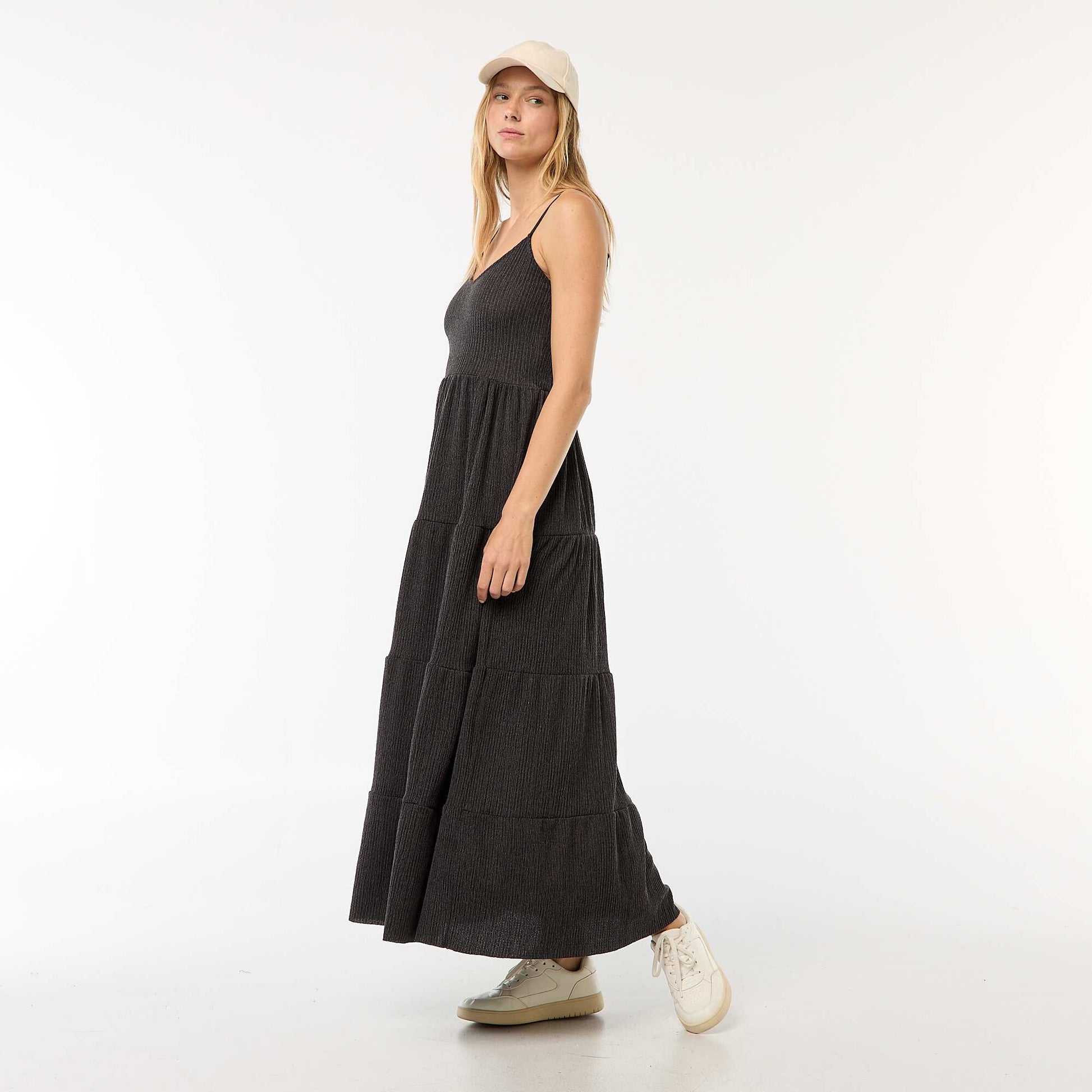 Robe longue gaufrée à étages NOIR
