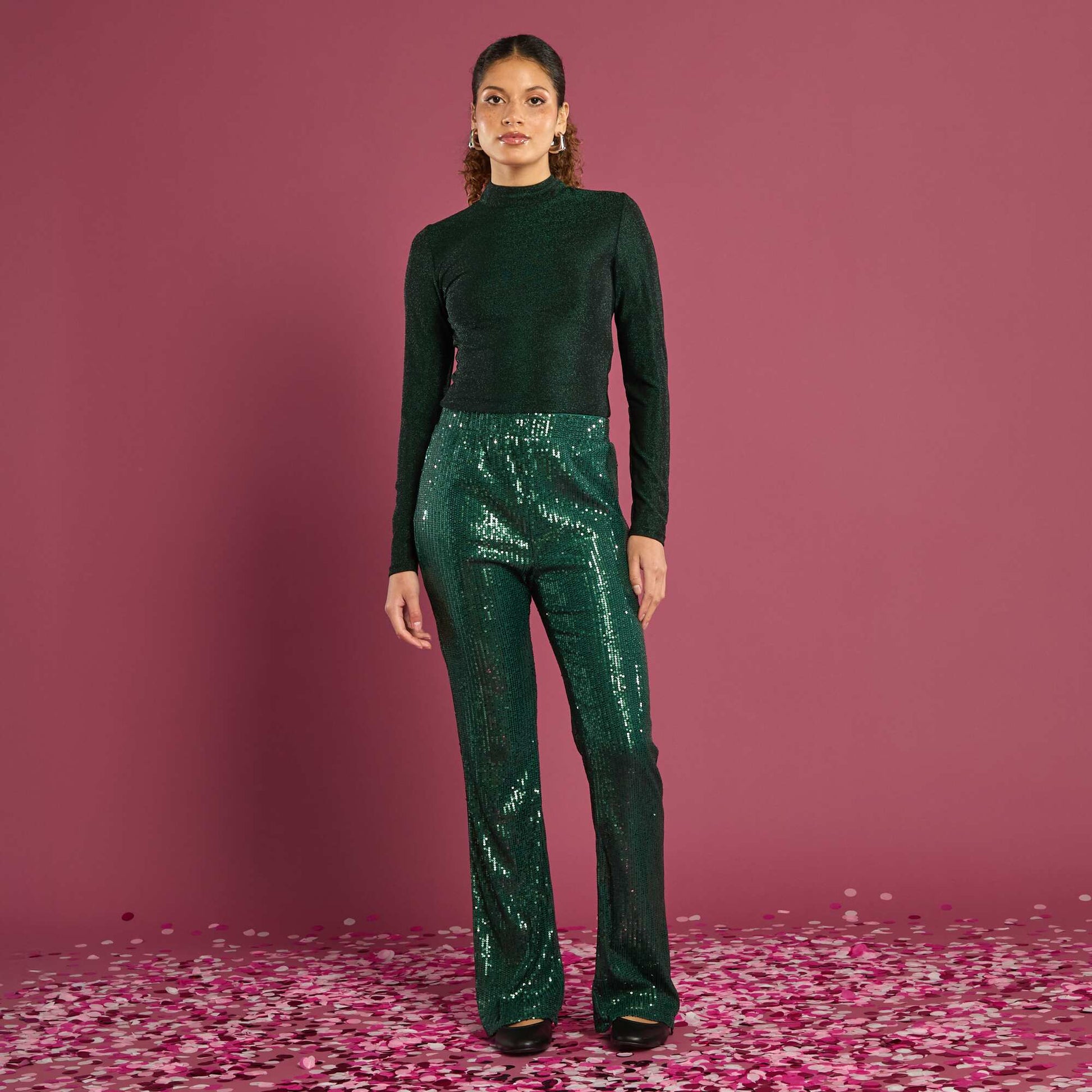 Pantalon large à sequins VERT