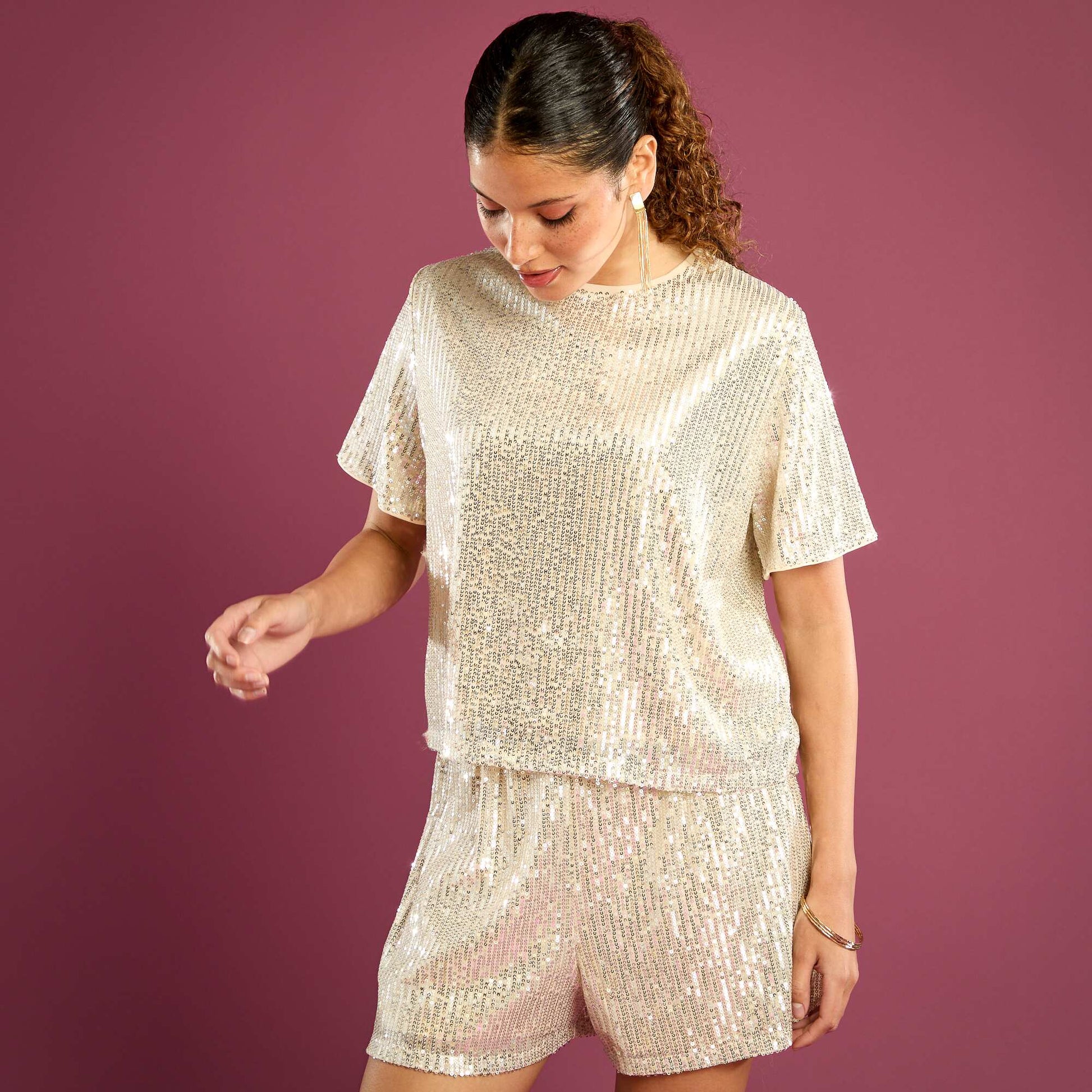 Tee-shirt de fêtes à sequins BEIGE