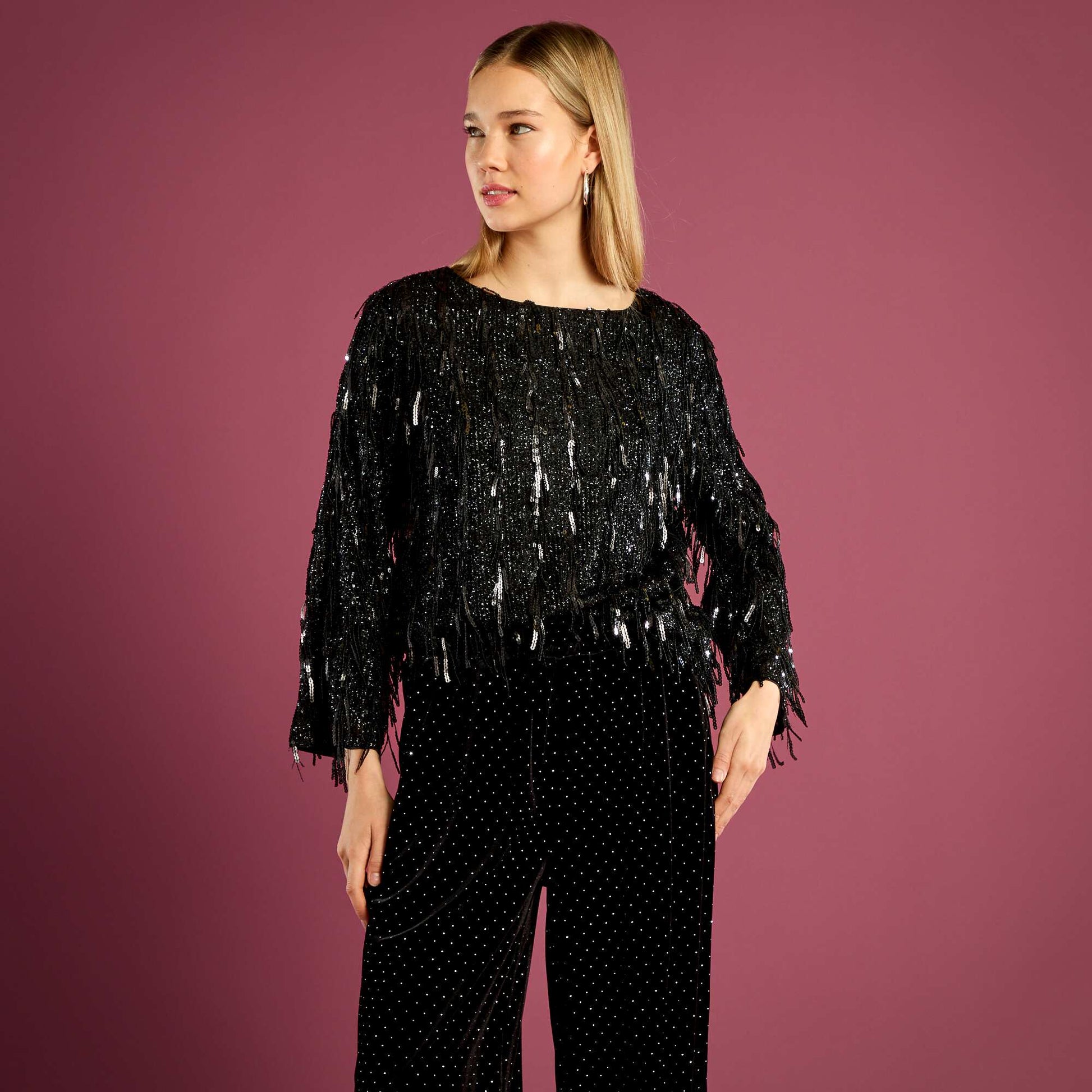 Tee-shirt à franges et sequins NOIR