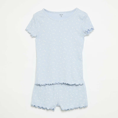 Ensemble de pyjama haut + short en maille côtelée coton BLEU