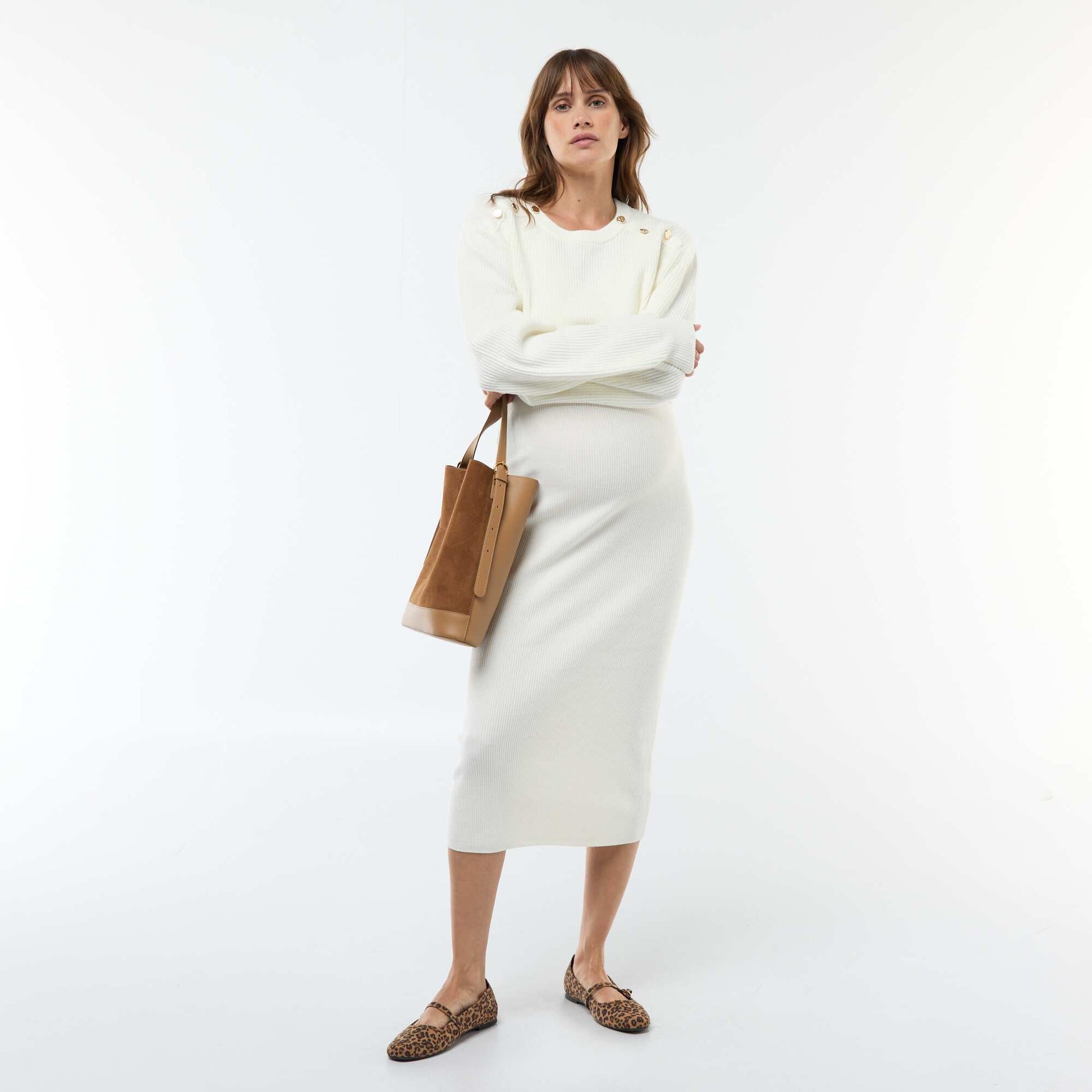 Robe midi côtelée + pull cropped de maternité BLANC