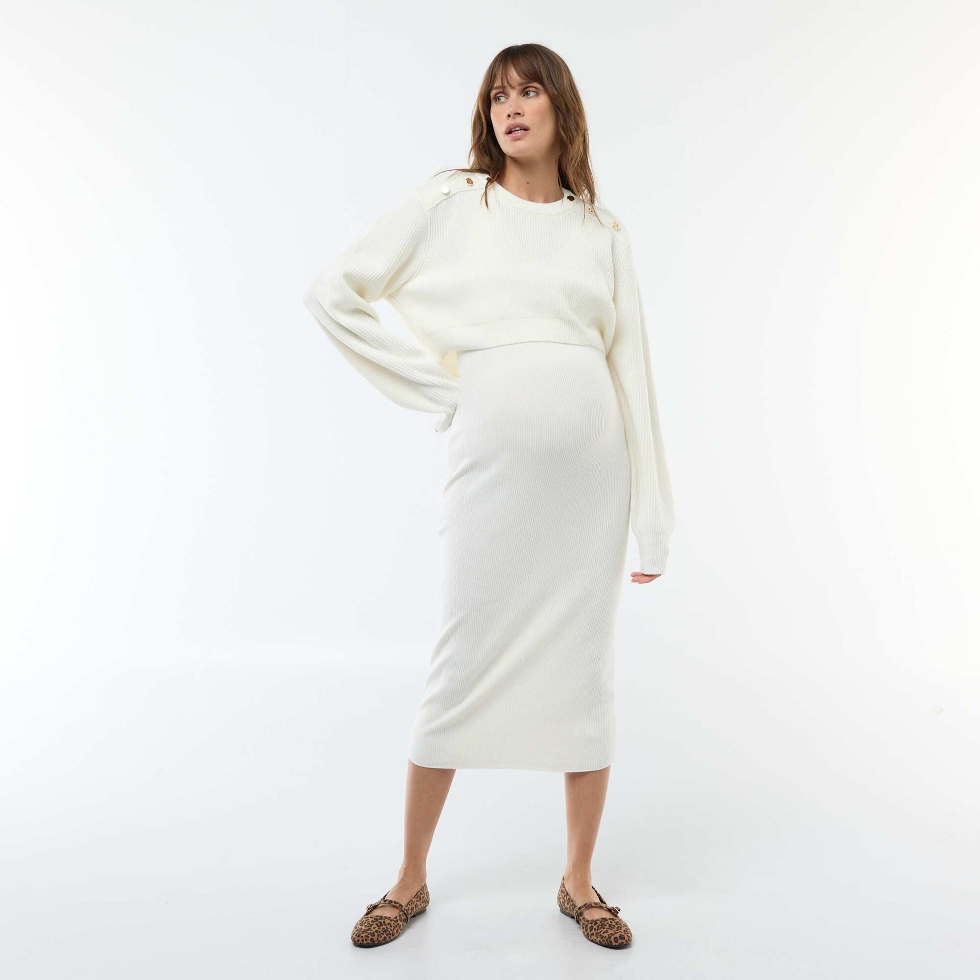 Robe midi côtelée + pull cropped de maternité BLANC