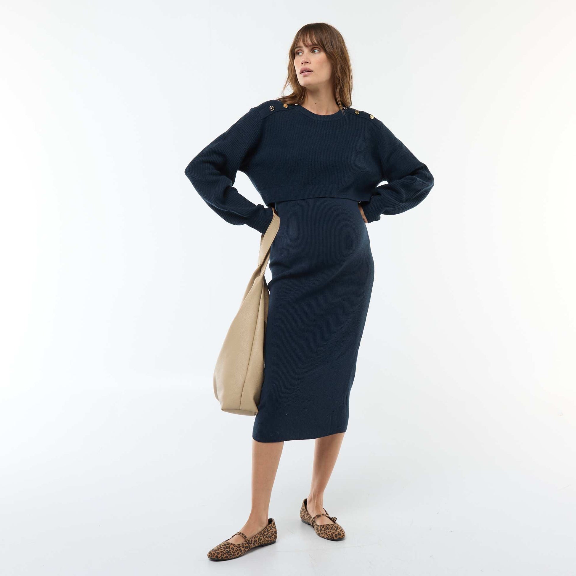 Robe midi côtelée + pull cropped de maternité BLEU