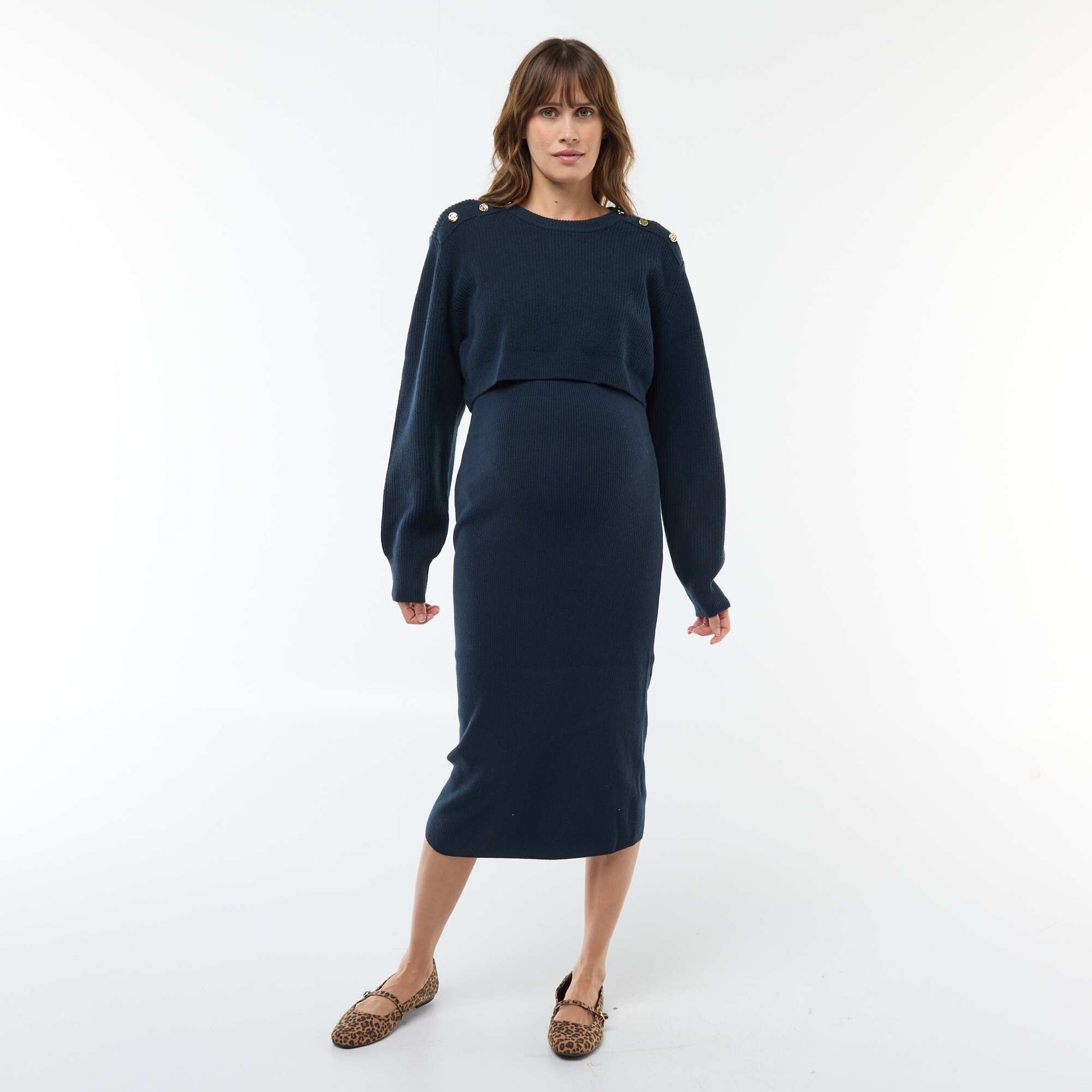 Robe midi côtelée + pull cropped de maternité BLEU
