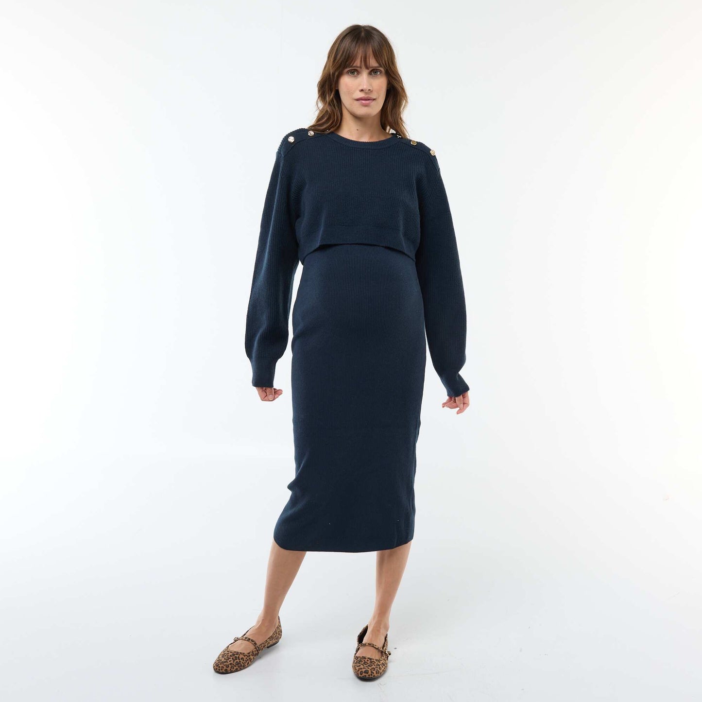 Robe midi côtelée + pull cropped de maternité BLEU