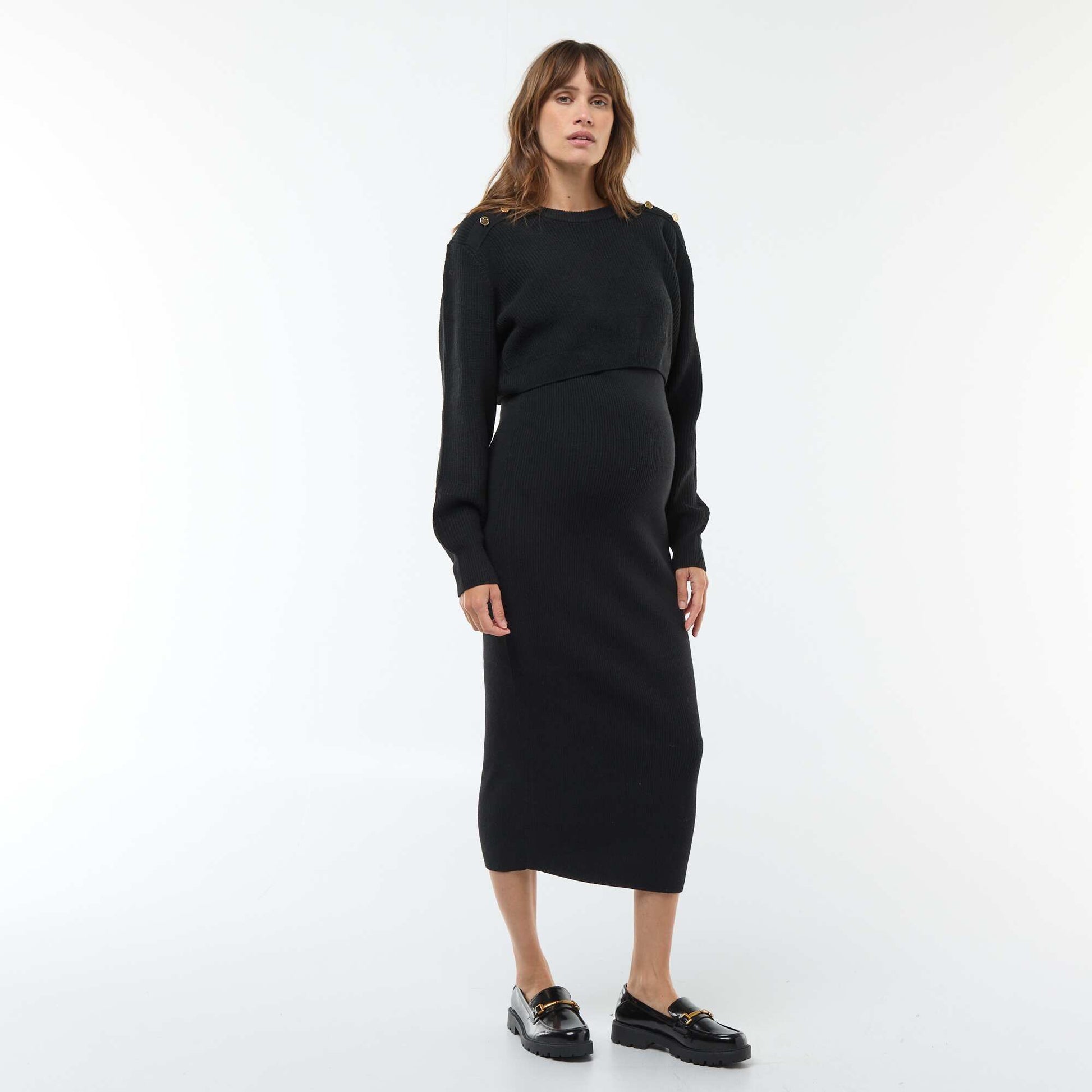 Robe midi côtelée + pull cropped de maternité NOIR