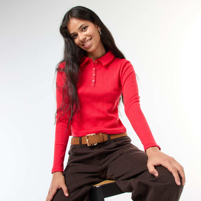 Tee-shirt en maille pointelle avec col polo ROUGE