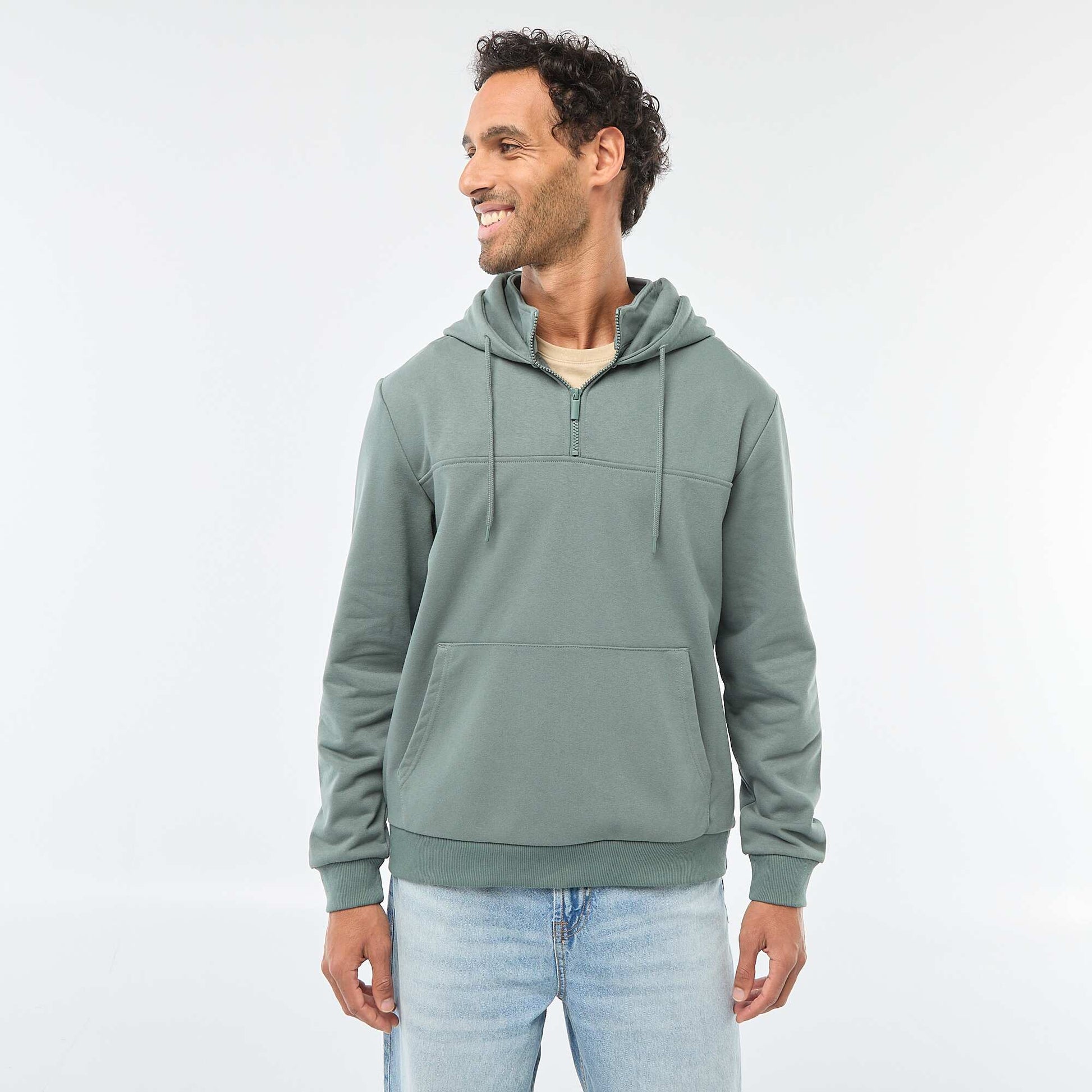 Sweat en molleton à capuche avec ouverture zippée au col VERT