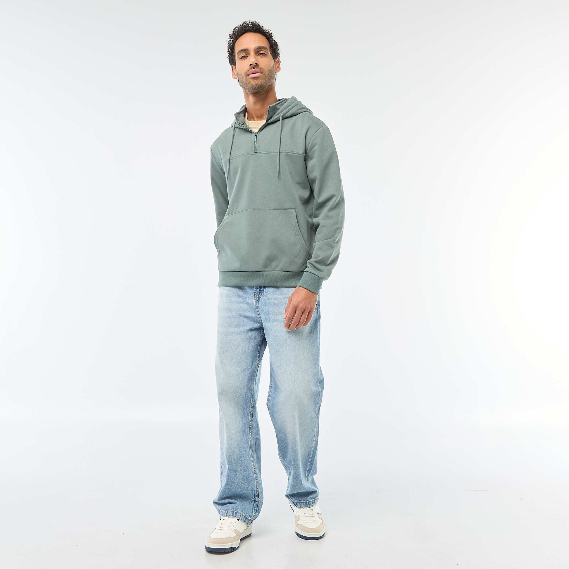 Sweat en molleton à capuche avec ouverture zippée au col VERT