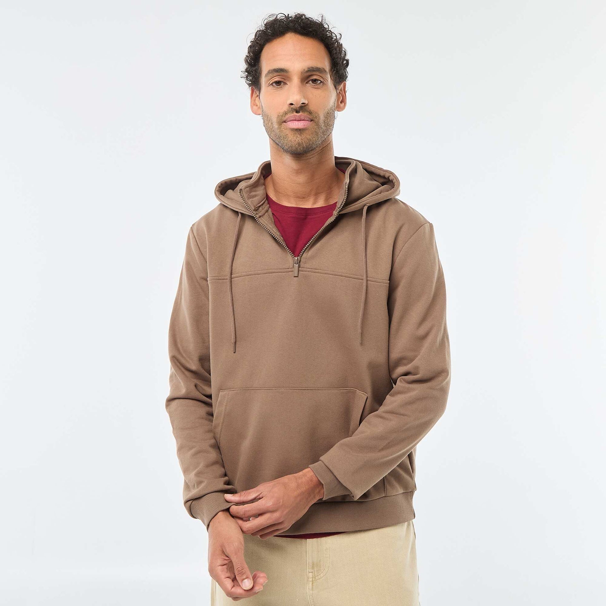 Sweat en molleton à capuche avec ouverture zippée au col MARRON