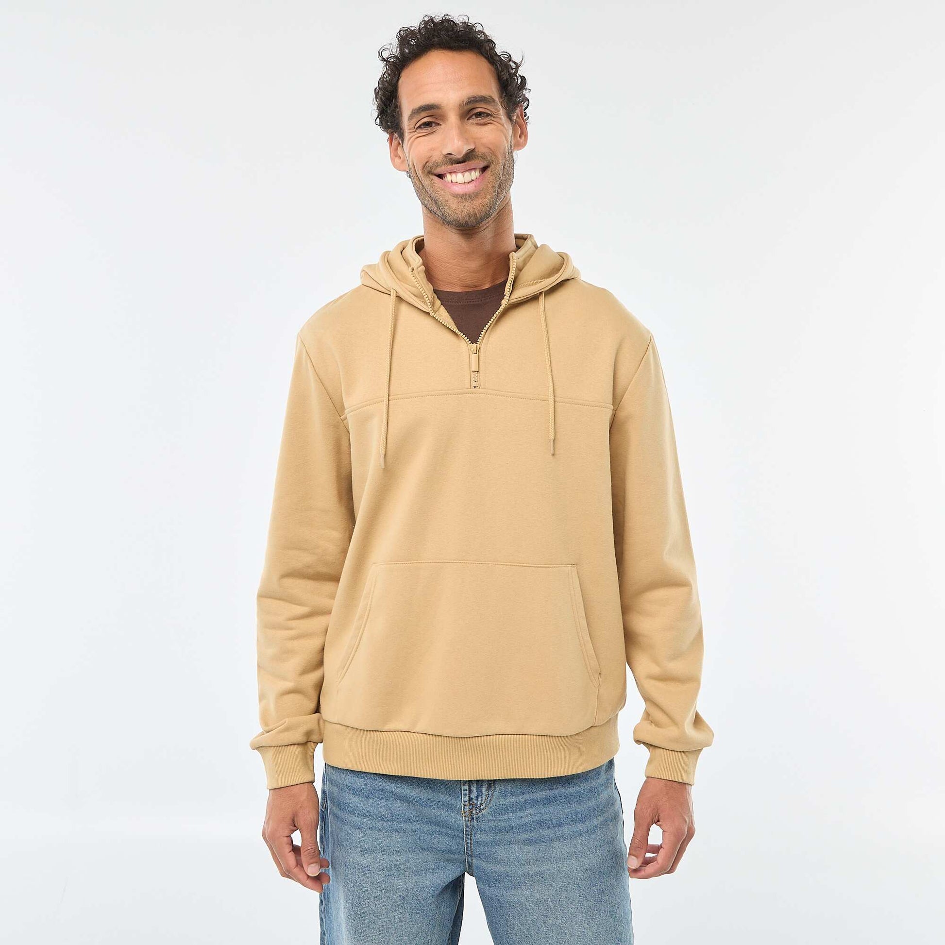 Sweat en molleton à capuche avec ouverture zippée au col BEIGE